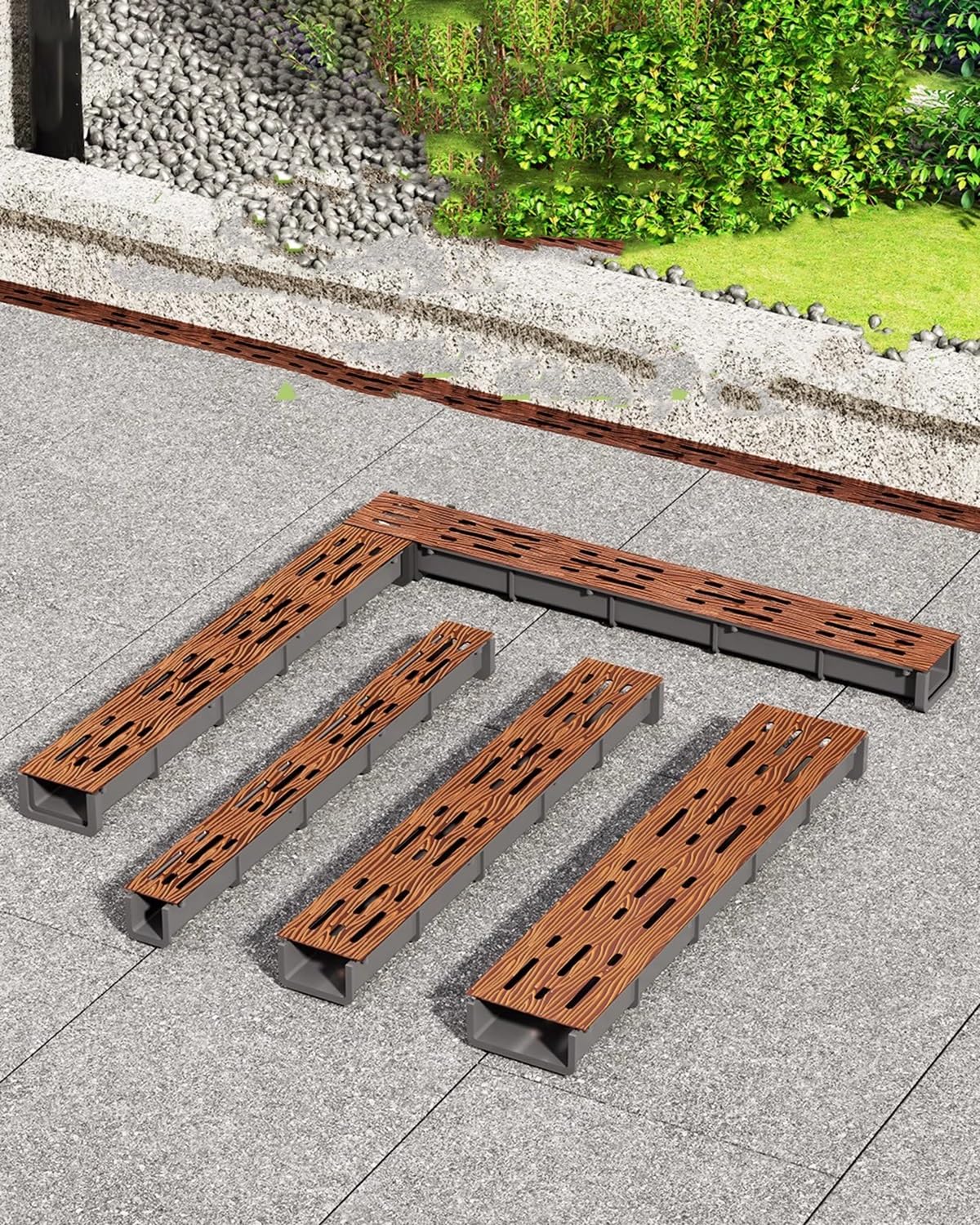Canaletta Scolo Acqua Piovana Sistema di Drenaggio Fognario Lungo 50 cm, Canale di Scarico Sotterraneo Con Effetto Legno, Recinzione in Cemento per Cortile, Grondaia, Copertura del Fosso(50x10x4cm/19.