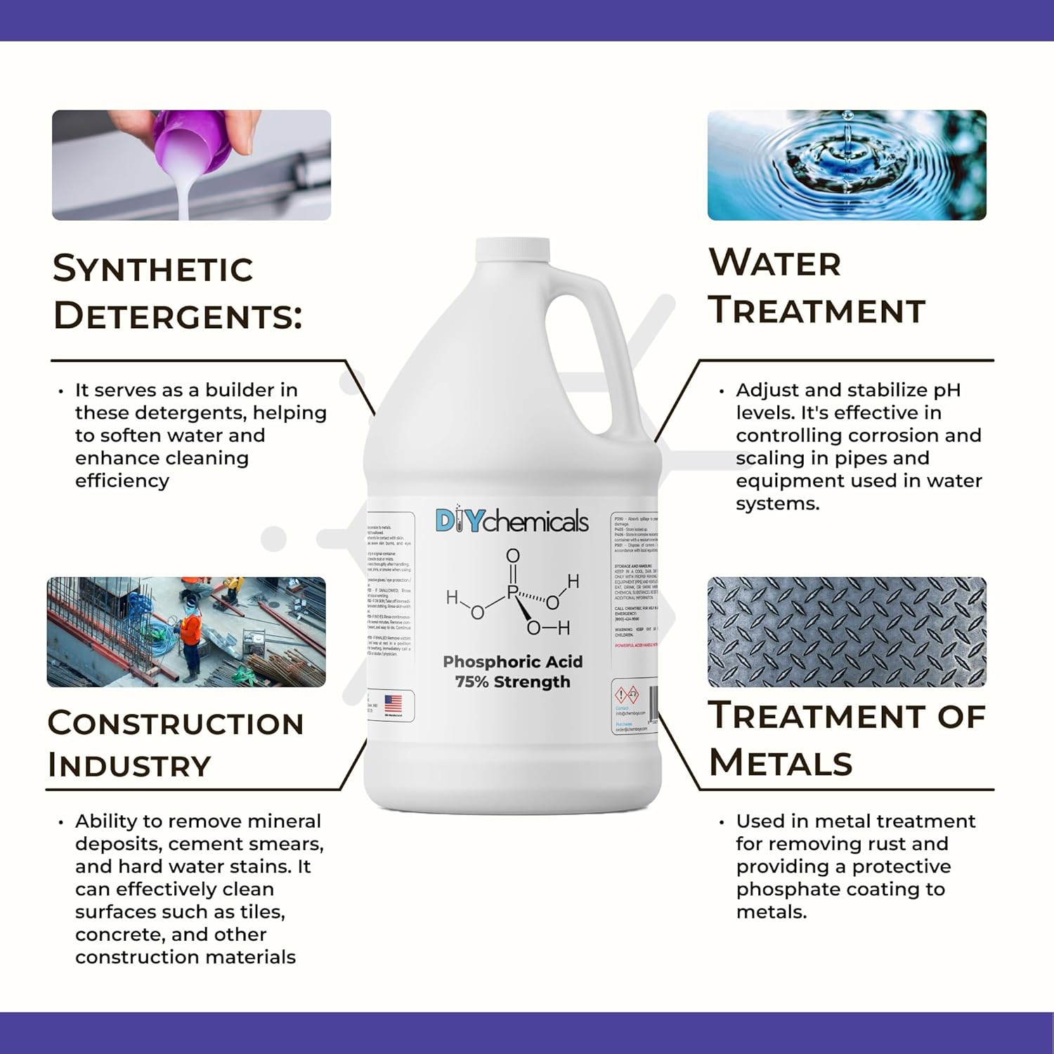 DIYChemicals Phosphoric Acid 75% – Rust Remover, Wood Stain Remover, pH Control, High Purity Orthophosphoric Acid for Metal, Fertilizers - Made in USA - 1 Gallon (128 fl oz)