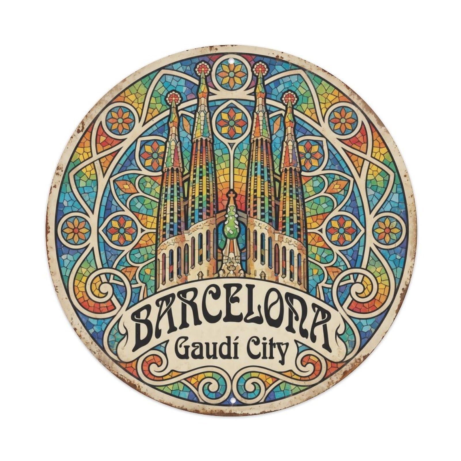 Vintage Travel Barcelona Spain Sagrada Metal Tin Sign Plaque Wall Decor for Cafe, Club Bar, Office, Home Garden Round Metal Poster 8x8Inch