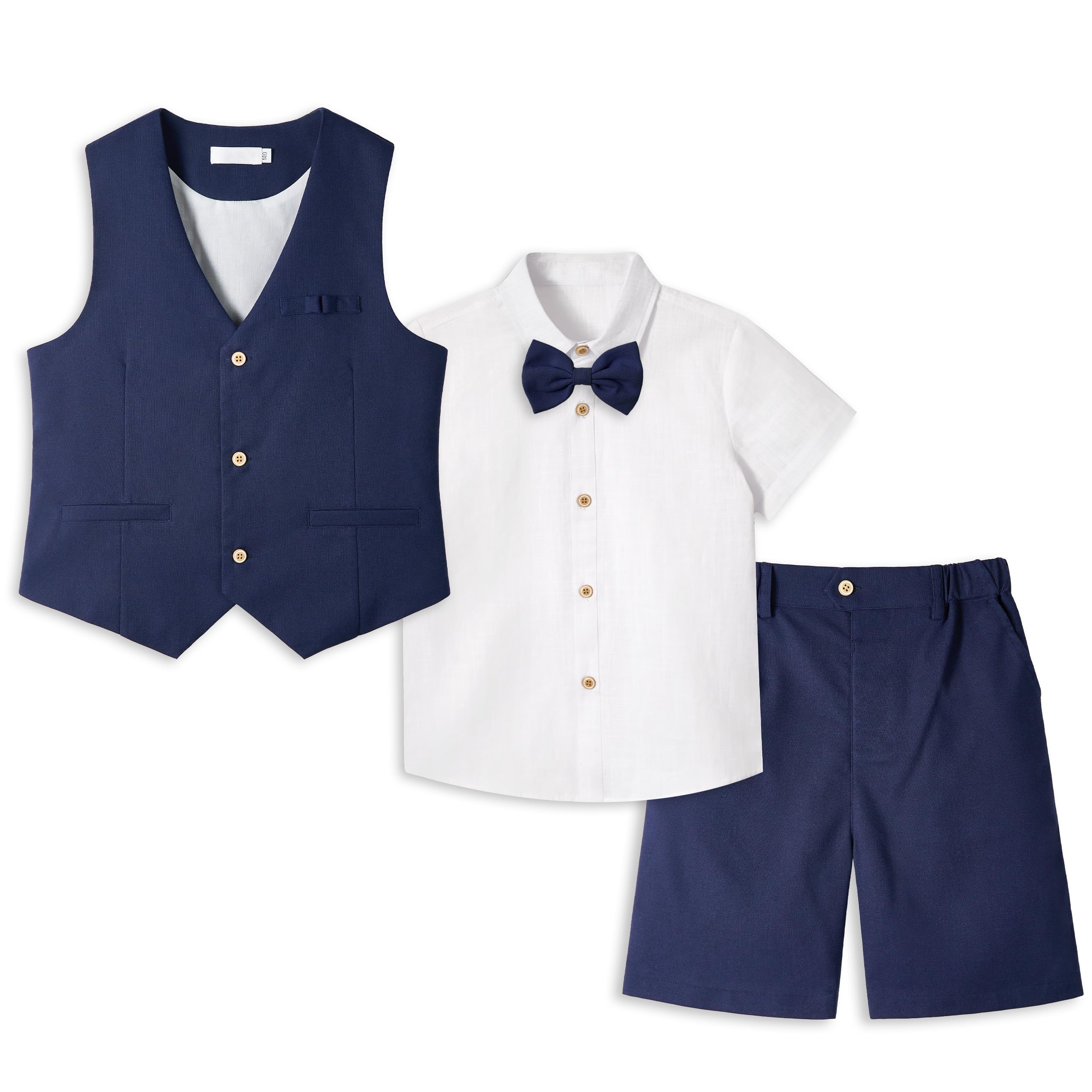 LOLANTA 4PZ Completo Cerimonia Bambino, Ragazzi Paggetto Matrimoni Abito, Bambini Gentiluomo Estate Lino Gilet Pantaloncini Suit Set, Battesimo Partywear, Gilet + Pantaloncini + Camicia + Papillon