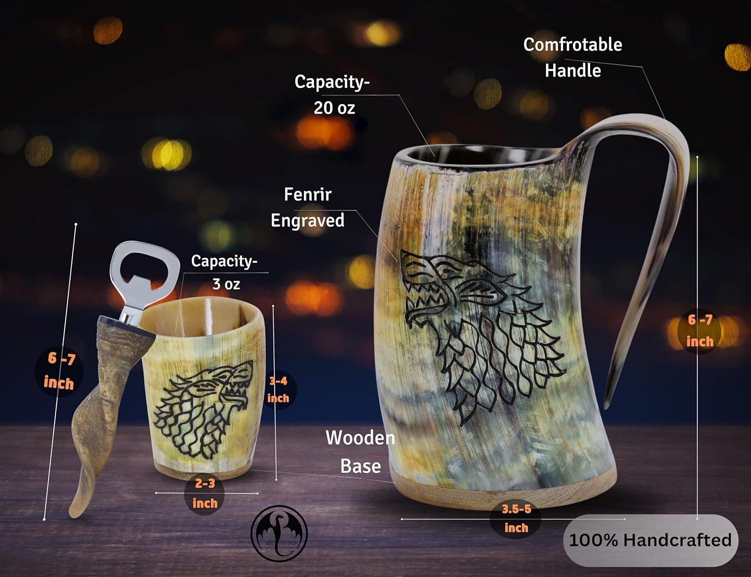 Viking Drinking Horn Mug, 16-20oz| Shot Glass and Bottle Opener| Unique Handmade Viking Spacial Gifts for Men & Women - Food Grade Medieval Style (Fenrir)