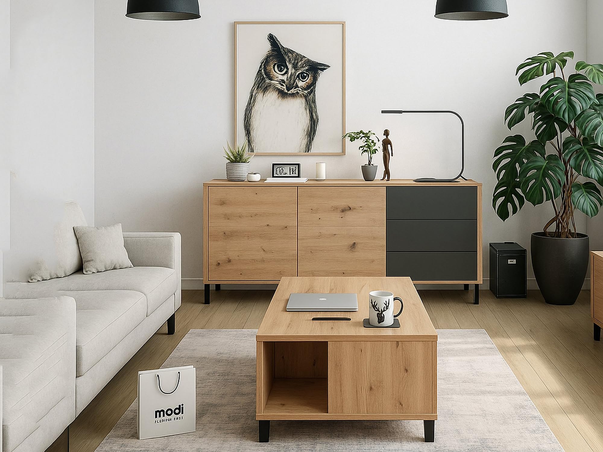 Dmora - Credenza Concord, Buffet da soggiorno, Mobile porta TV, Armadio per salotto, Madia moderna a 2 ante e 3 cassetti, 154x41h74 cm, Rovere nodi e Antracite