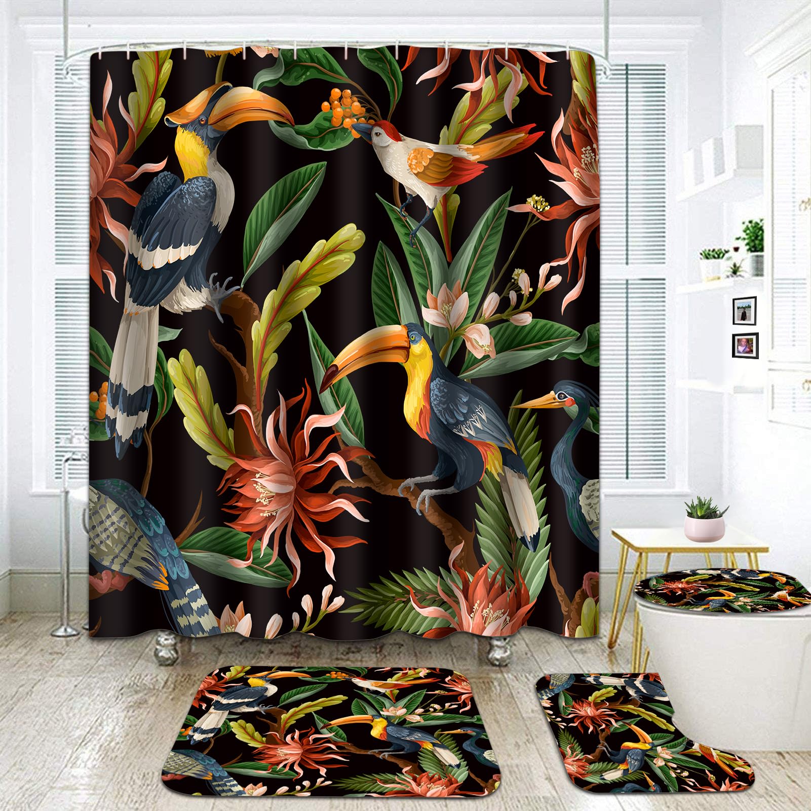Vogel-Dusche, tropische Blätter, Badezimmer-Set, Zubehör mit rutschfestem Teppich, WC-Deckelbezug, Badematte, 12 Haken, 182,9 x 182,9 cm, Vögel und Blumen, wasserdichte Vorhänge, Heimdekoration,