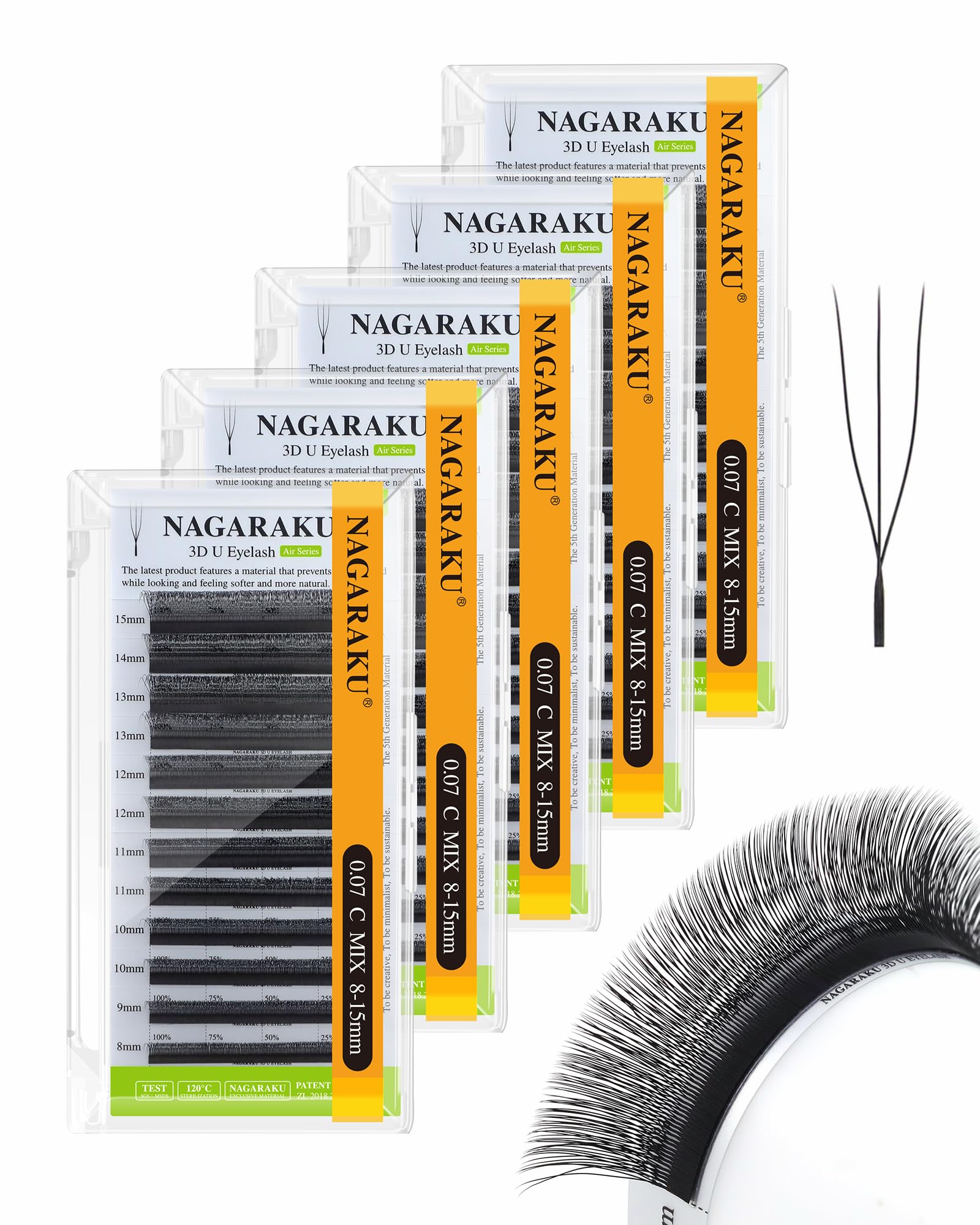 NAGARAKU 5 pudełek rzęs 3D U Lash Cluster, objętość, gotowe wachlarze, lekkie, delikatne, naturalne, puszyste, elastyczne, kompaktowe, kwitnące, pojedyncze, widoczne, wachlarz rzęs, matowy czarny