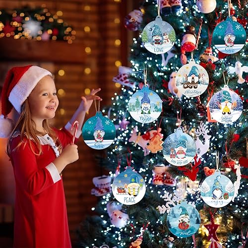 Miniatura 7 de Roowest 36 adornos colgantes de madera de gnomo de Navidad, decoración de árbol de gnomo azul, juego de adornos de madera con temática de gnomo,