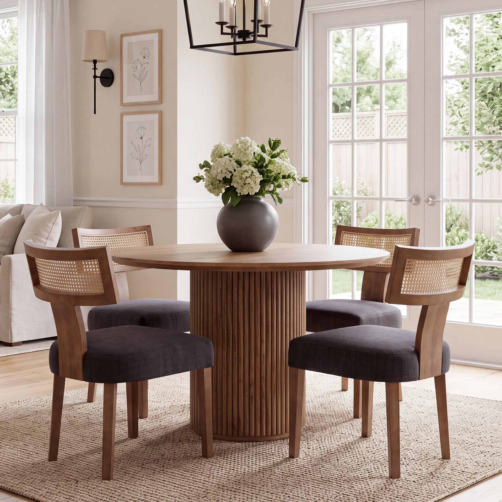 HNY Mid Century Modern Rattan Dining Chairs Set of 4, Farmhouse Linen Upholstered Accent Chair Curved Backrest Kitchen Chairs, with Hardwood Frame, Charcoal
