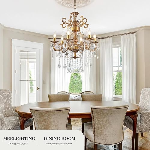 Miniatura 3 de Candelabros de cristal de bronce antiguo de lujo con lámpara colgante de vela, lámpara de techo de 6 luces de cristal dorado para comedor, sala de