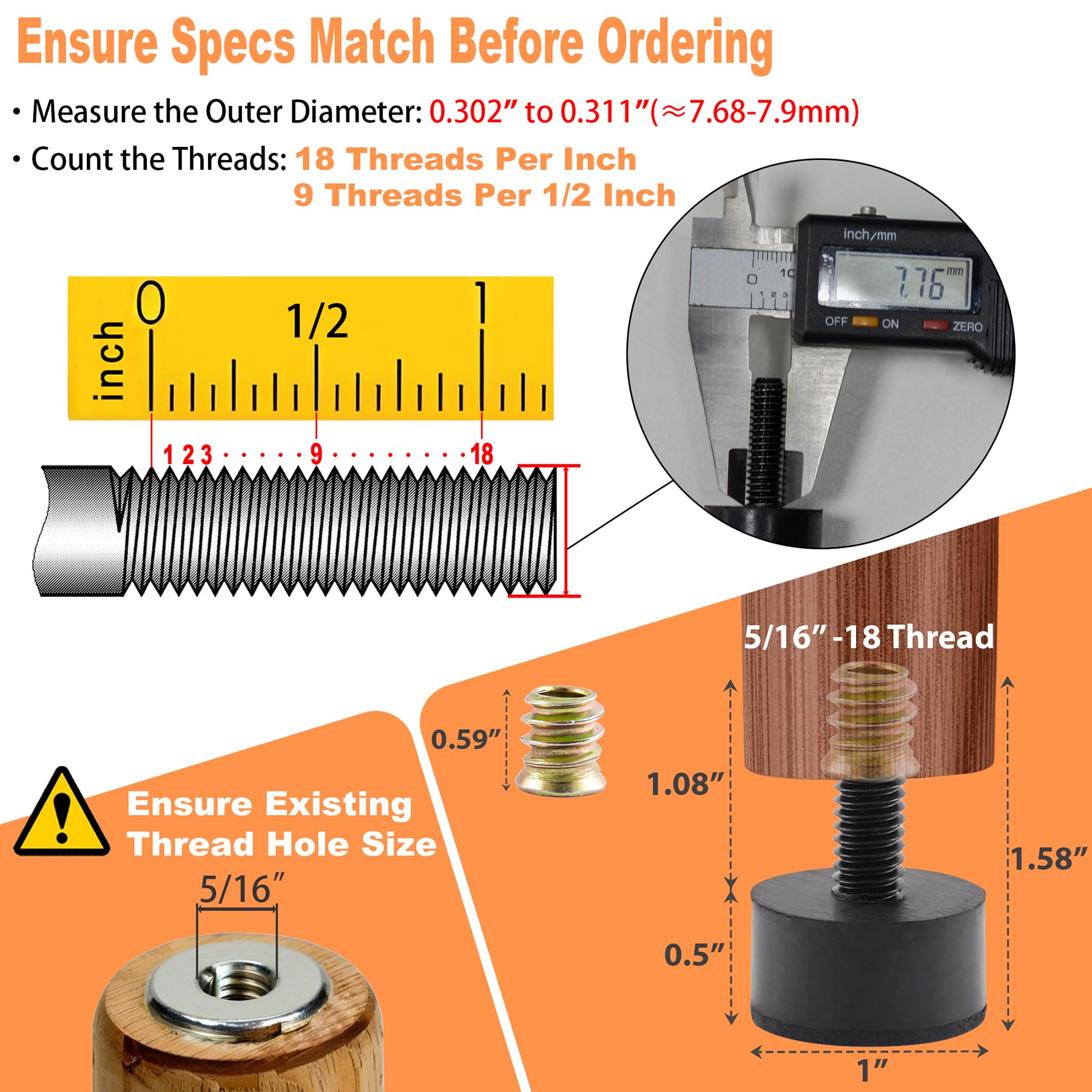 Adjustable Furniture Feet, 12Pcs 5/16"-18 UNC Thread - Furniture - View #6