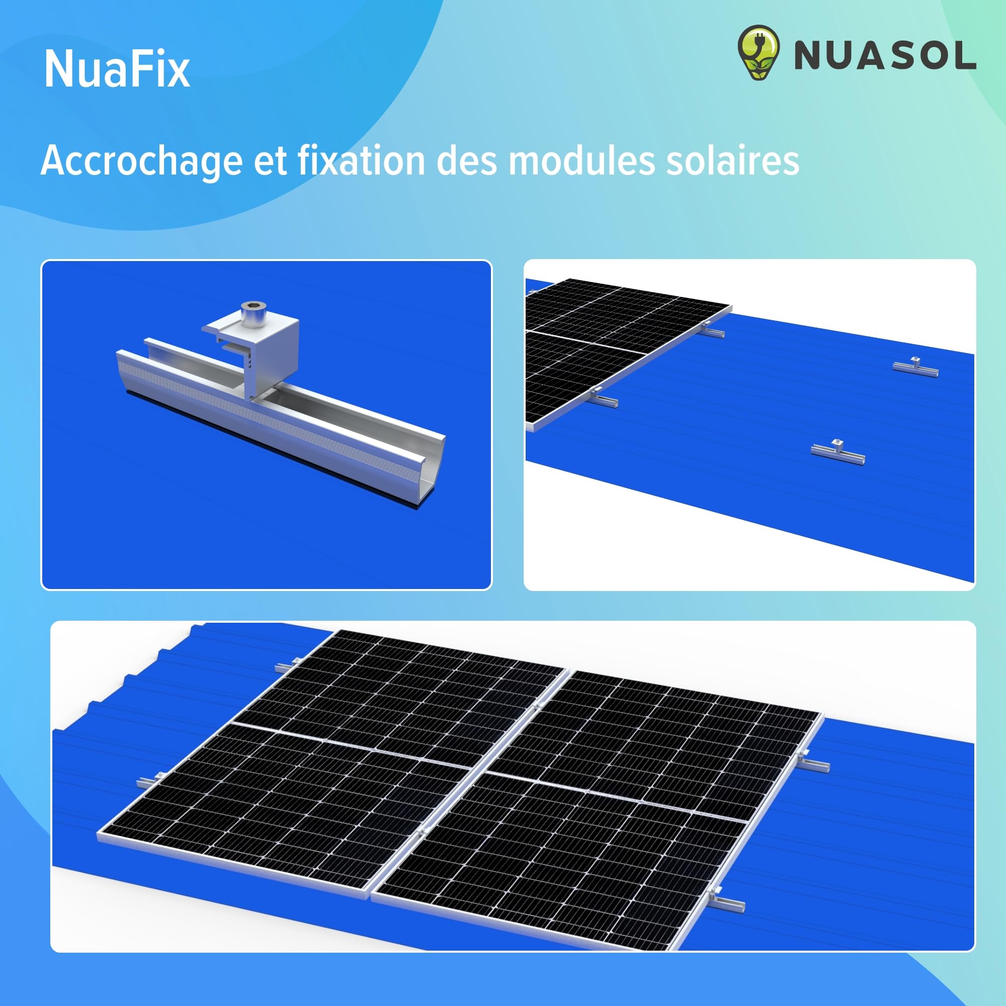Kit de montage photovoltaïque pour toit en tôle trapézoïdale | Fixation pour 2 modules | Profil en U 20 cm | Support de panneau solaire avec pince d'extrémité, pince centrale et vis pour