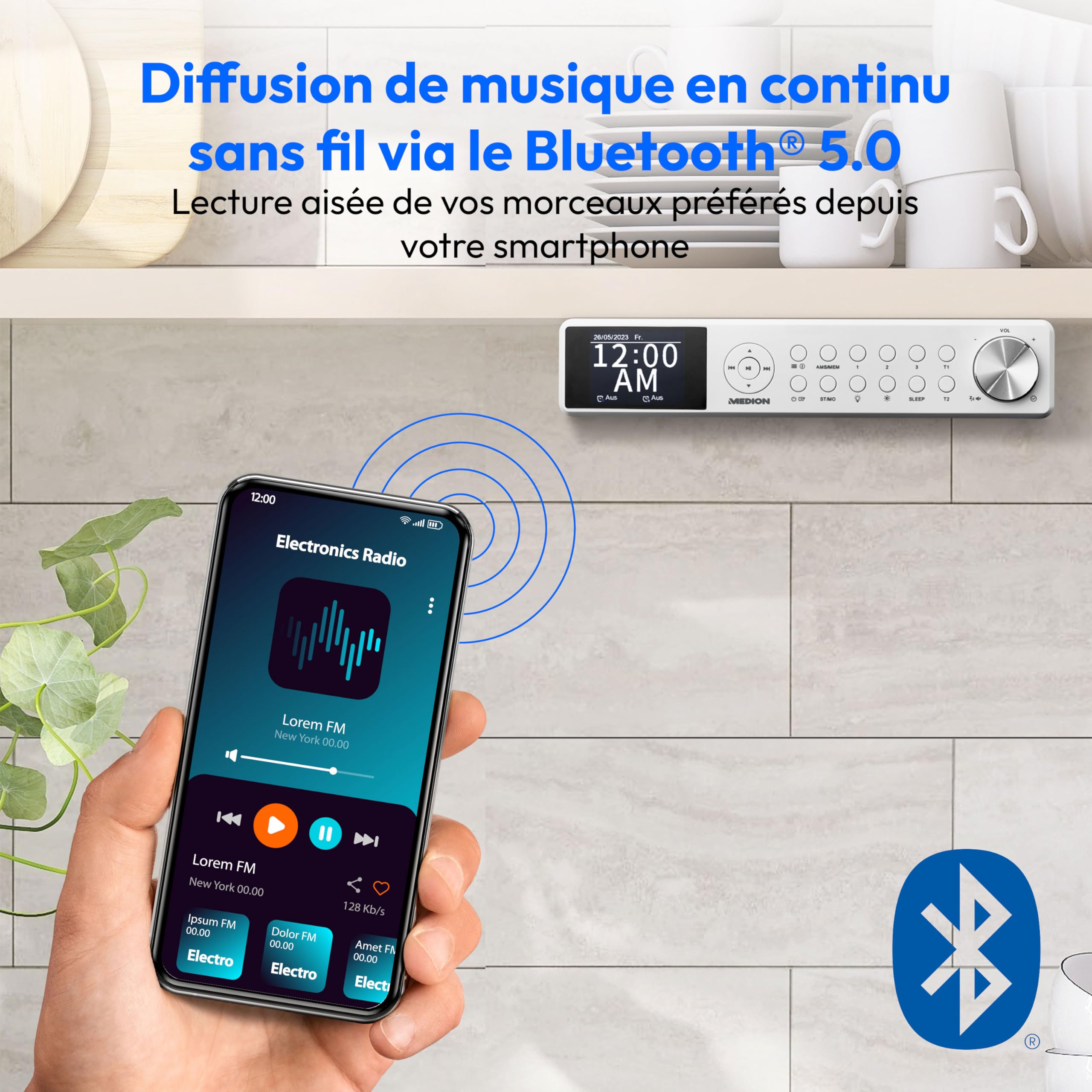 MEDION P66750 Radio de cuisine encastrable (radio de cuisine DAB+, radio FM PLL, écran couleur TFT à intensité variable, minuterie de cuisson, Bluetooth, barre LED, matériel de montage inclus), blanch