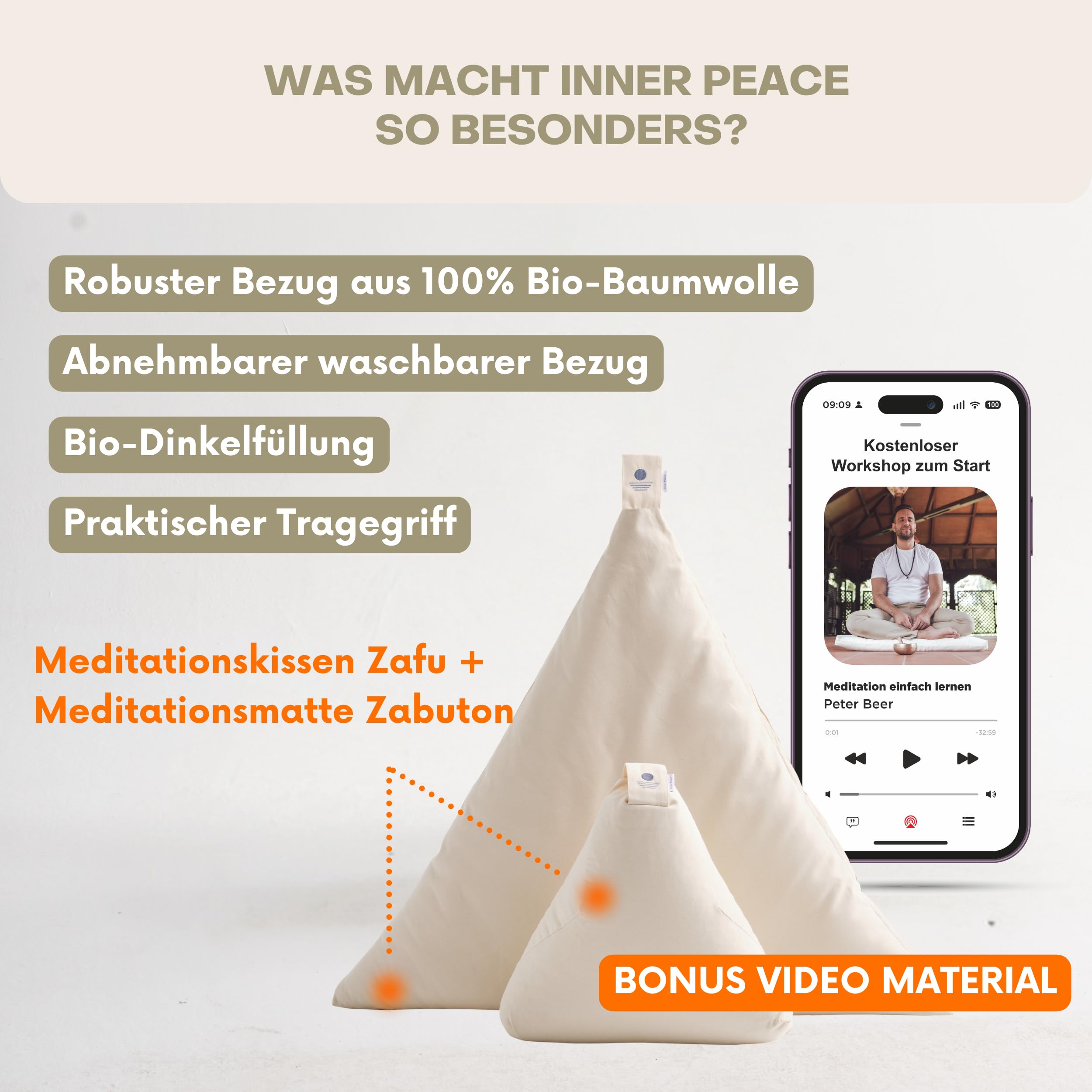 Inner Peace Meditationskissen Set | Dreieck Yoga Kissen & Zabuton Meditationsmatte | Bio Baumwolle | Waschbar | Oeko-TEX Standard 100 | Zen Meditation Set | Mit geführter Meditation | Bio-Baumwolle, waschbar, Oeko-TEX Standard 100, Zen Meditationsset, nac