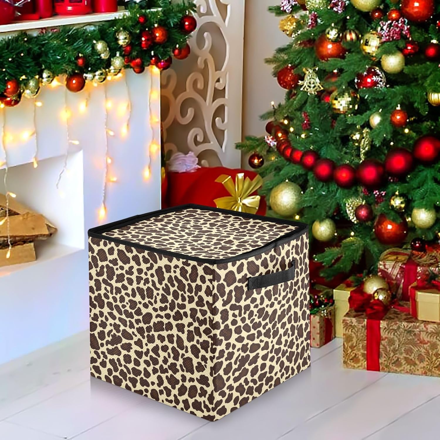 High Capacity Christmas Ornament Storage Box Holds Up to 64, Adjustable Dividers, Zippered Top, Two Handles handy Holiday Storage Case with Lid,Brown Leopard