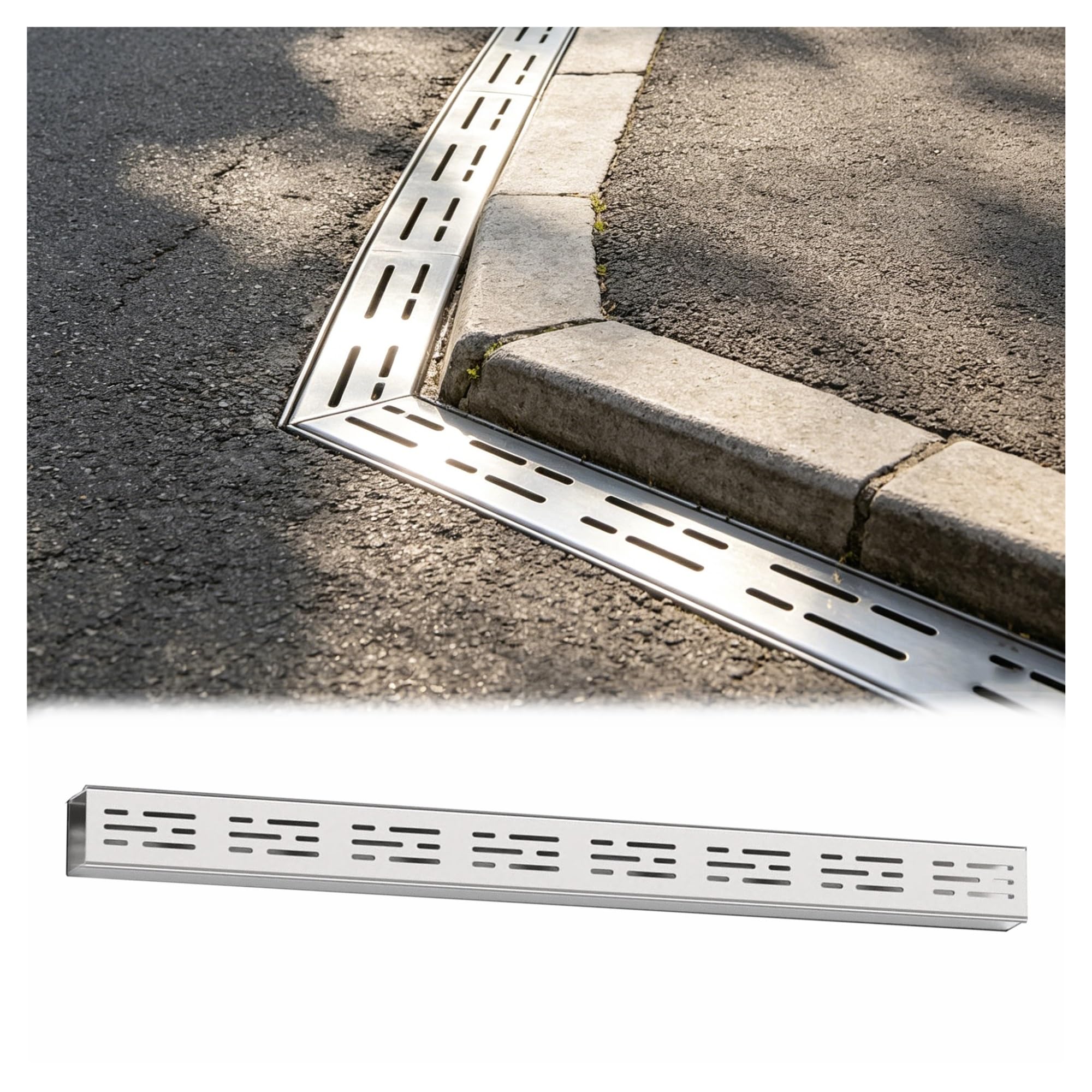 Caniveau extérieur en acier inoxydable 130x3.5x3cm pour jardin et terrasse