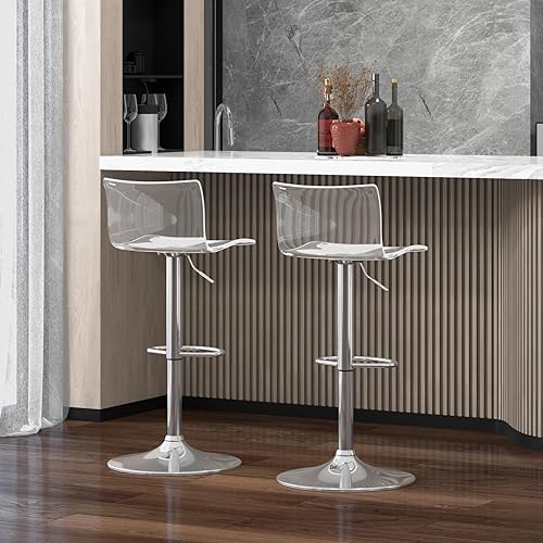 Miniatura 2 de Brage Living Taburetes de bar de acrílico con respaldo medio, juego de 2, taburetes de bar giratorios ajustables transparentes, sillas de bar de