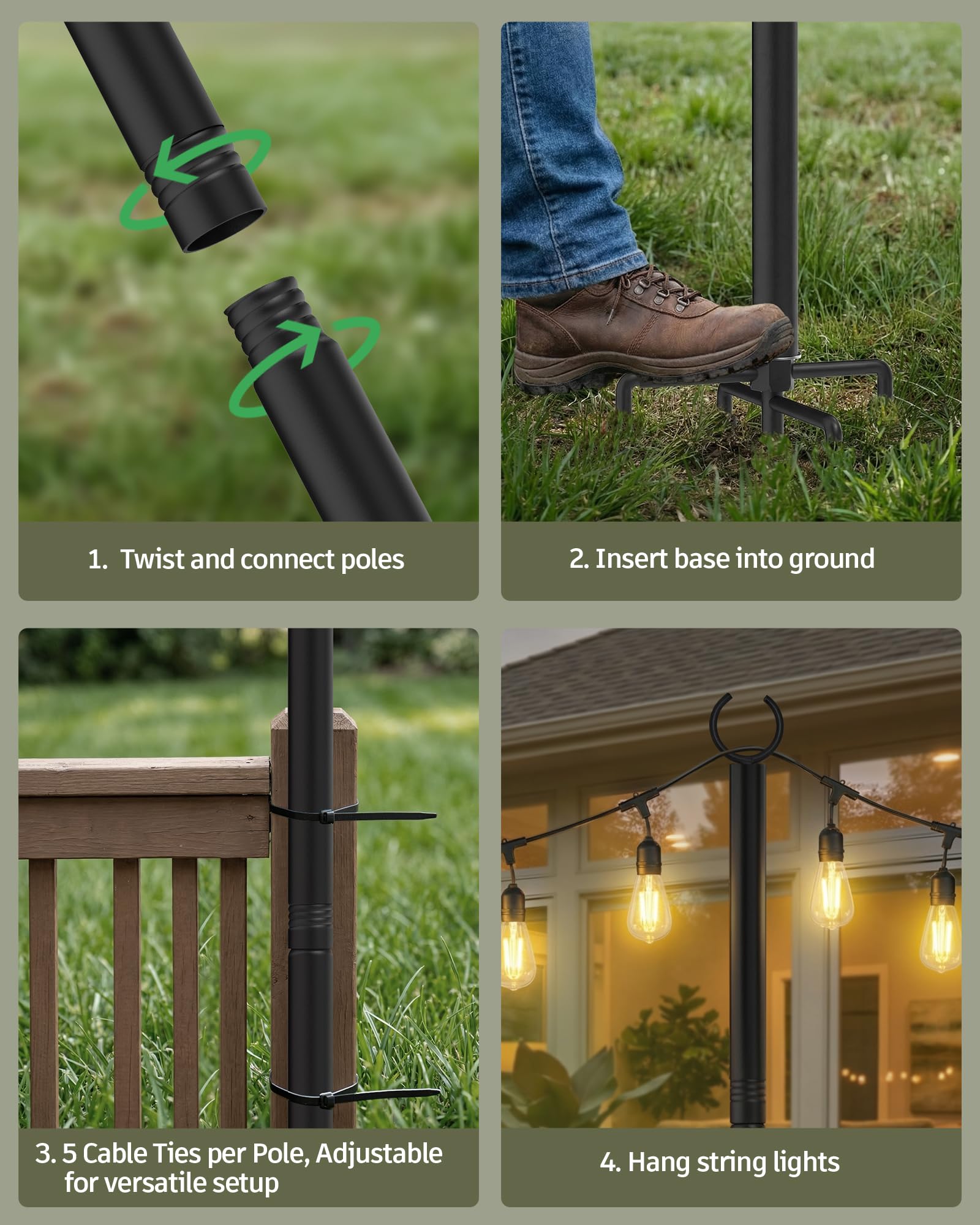 LAND·VOI Confezione da 2 pali luminosi per esterni, resistenti, con base a 5 poli e altezza regolabile, perfetti per cortile, patio, giardino, recinzione e decorazione per feste