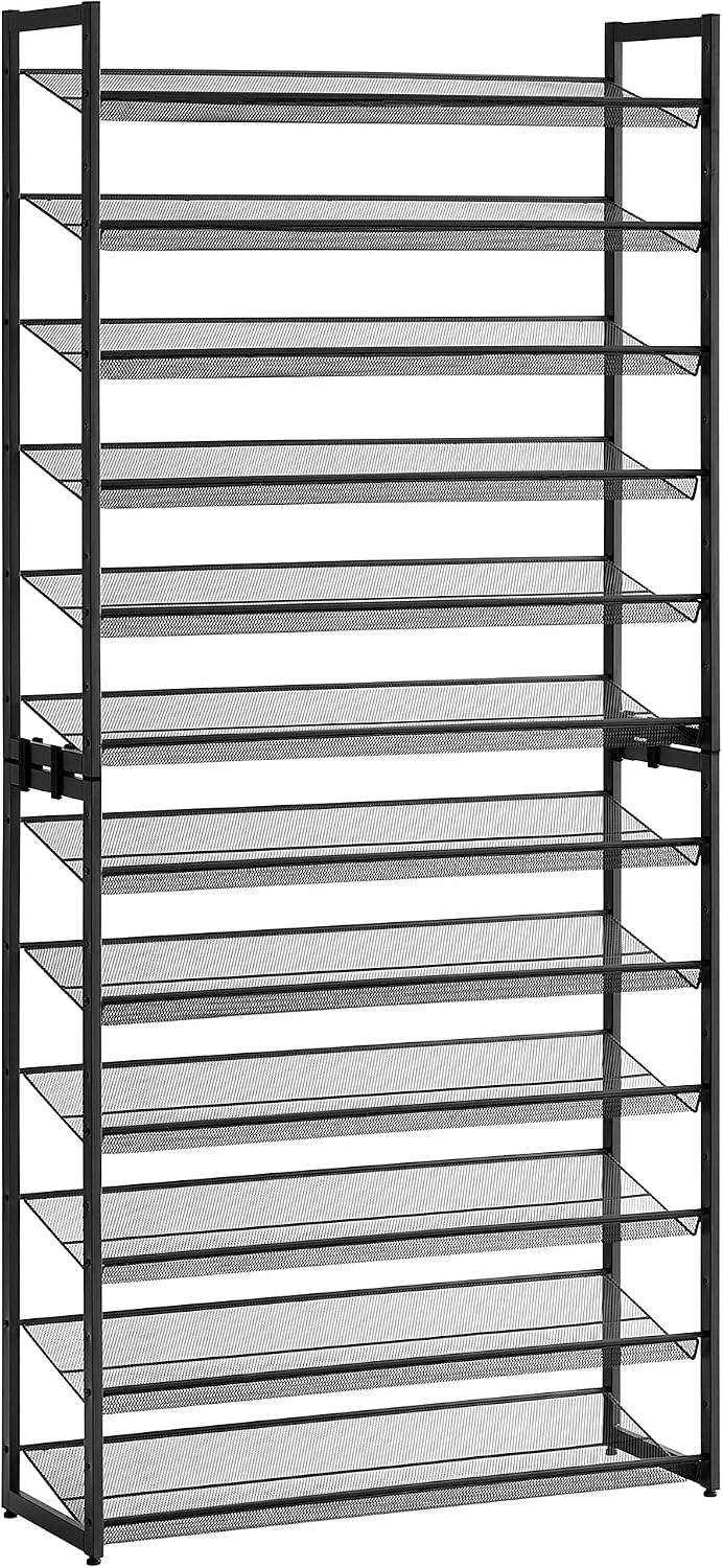 SONGMICS Shoe Rack, 12-Tier Tall Metal Shoe Storage Organizer for Closet, Entryway, Garage, Set of 2 6-Tier Big Stackable Shoes Rack Shelf, Adjustable Feet & Slanted Shelves, Holds 48-60 Pairs, Black