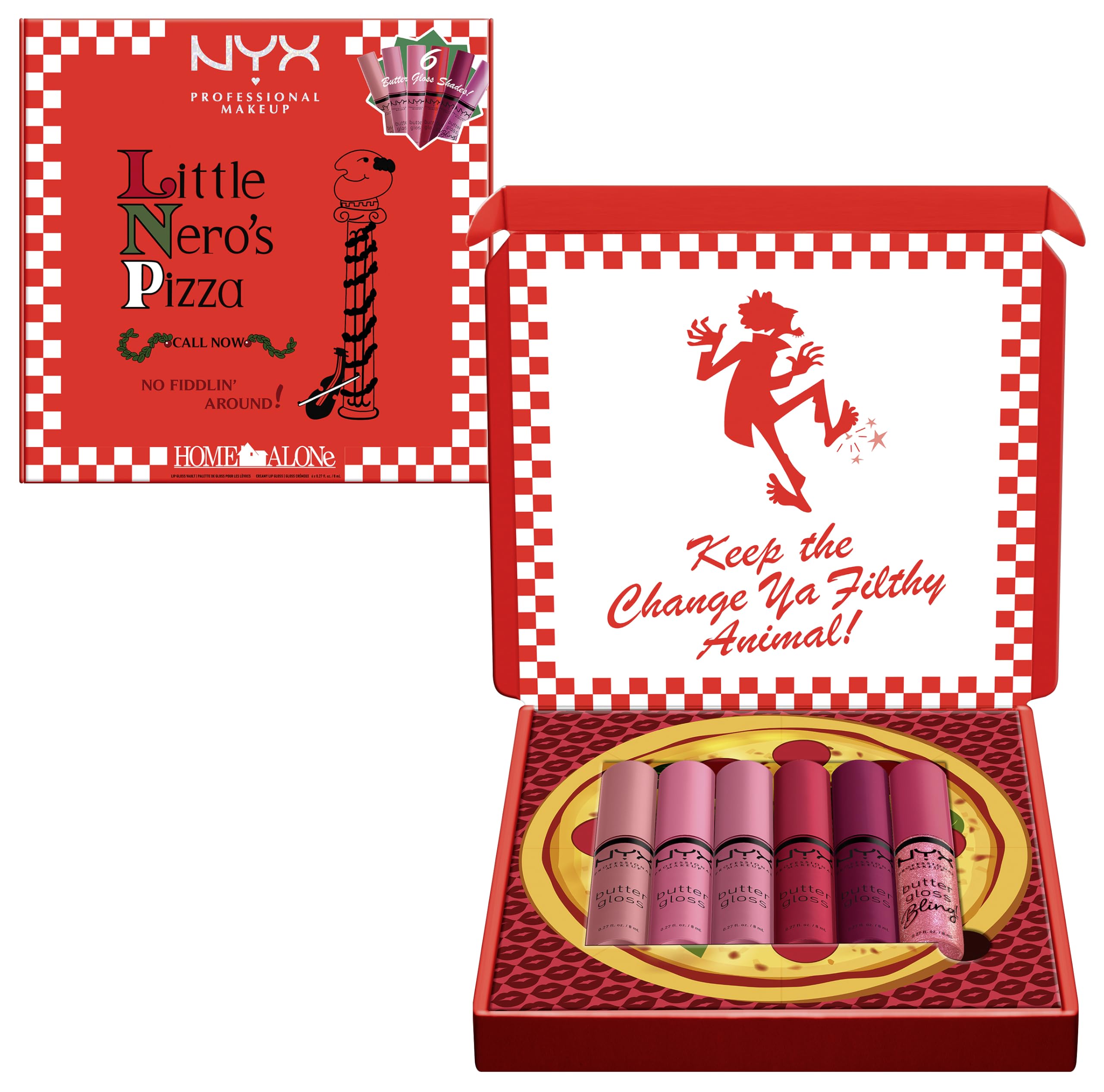 NYX Professional Makeup Home Alone Lipglosse in Pizzaschachtel, Mit glänzendem Finish und nicht klebriger Formel, Butter Gloss Pizza Vault, 6 Stück, 5 Pink-/Rottöne und Butter Gloss Bling