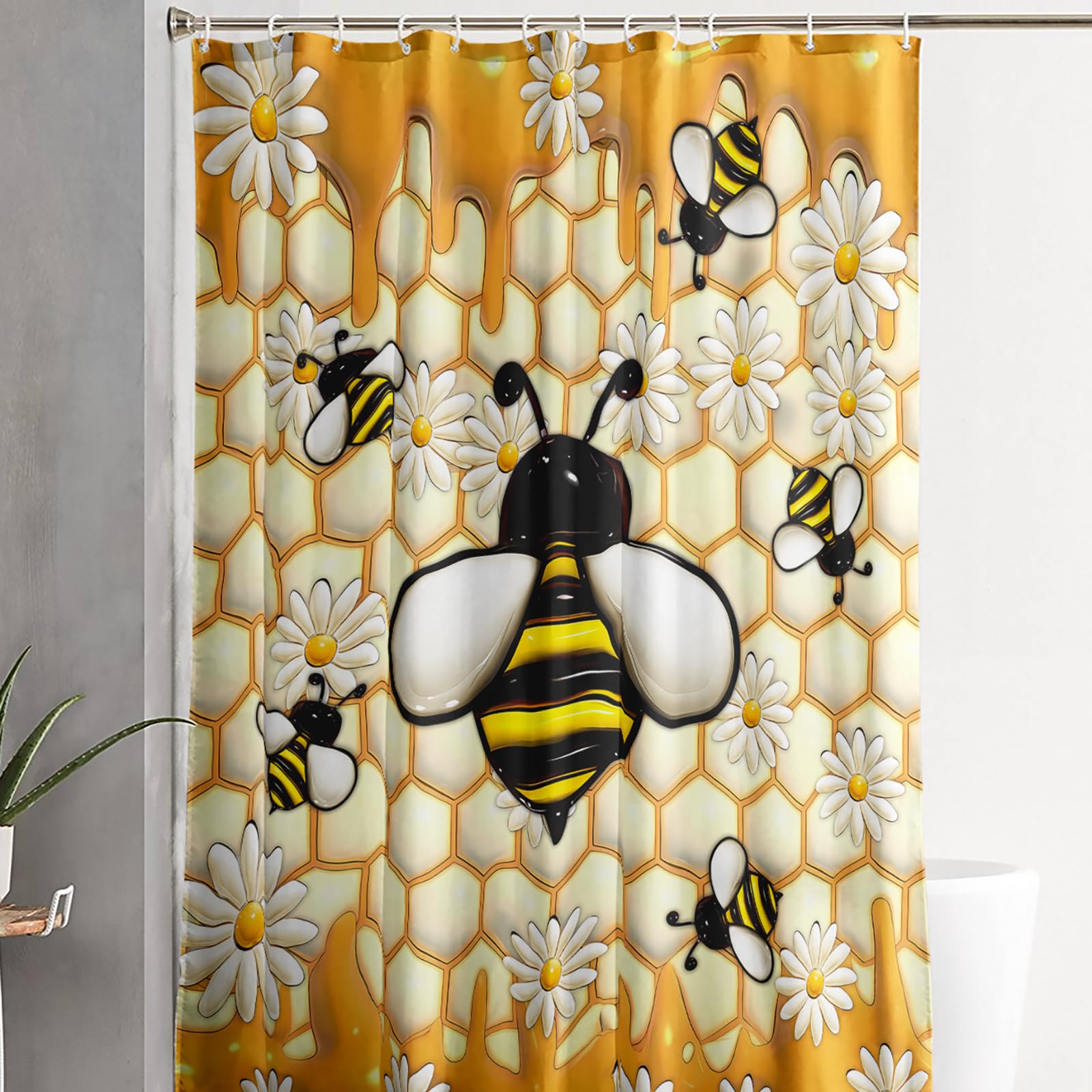 AILONEN Cartoon Yellow Bee Shower Curtain Set,Nature Spring Garden Bee Decorative Honeycomb Waterproof Curtains Set for Bathroom,72
