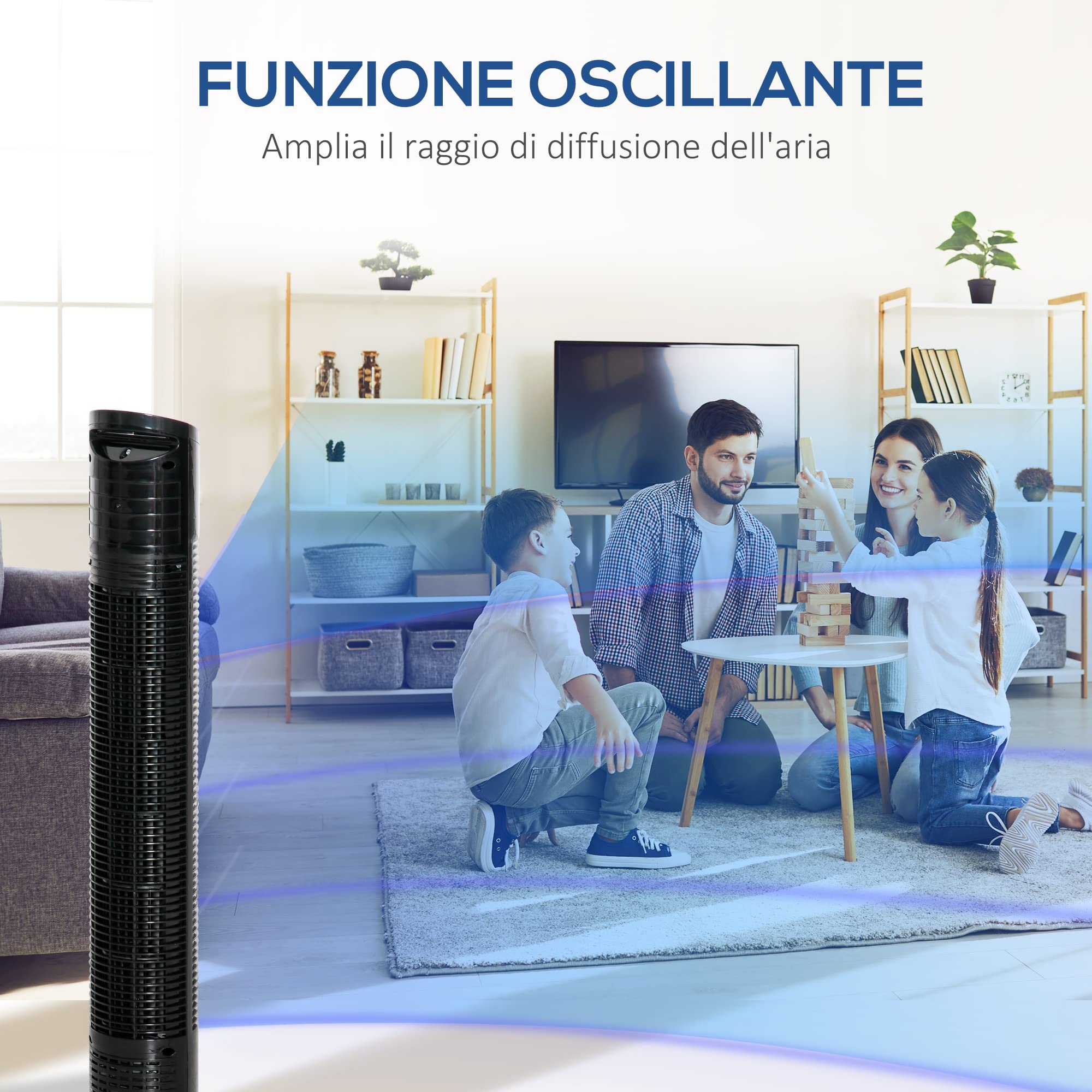 HOMCOM Ventilatore a Torre Moderno 3 Velocità con Oscillazione 70°, Ventilatore a Colonna con Piantana Rotonda e Maniglia, Potenza 50W, in PP, Ø20x78.5cm Nero