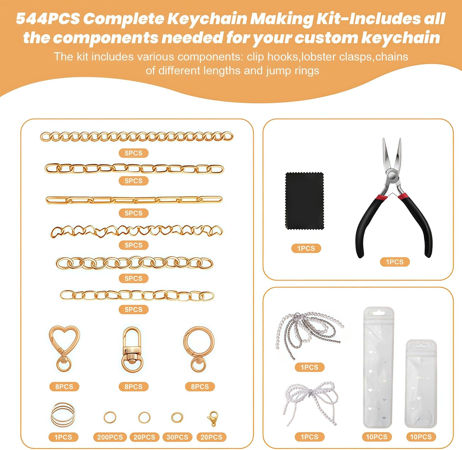 Rzysurt 544 Pcs DIY Lip Gloss Keychain Making Kit, Bag Charm Craft Supplies with 24 Key Chain Hooks, 25 Extender Chains, 196 Charms, 250 Jump Rings, Pliers & Puncher for Jewelry Accessories (544 PCS) - Image 3