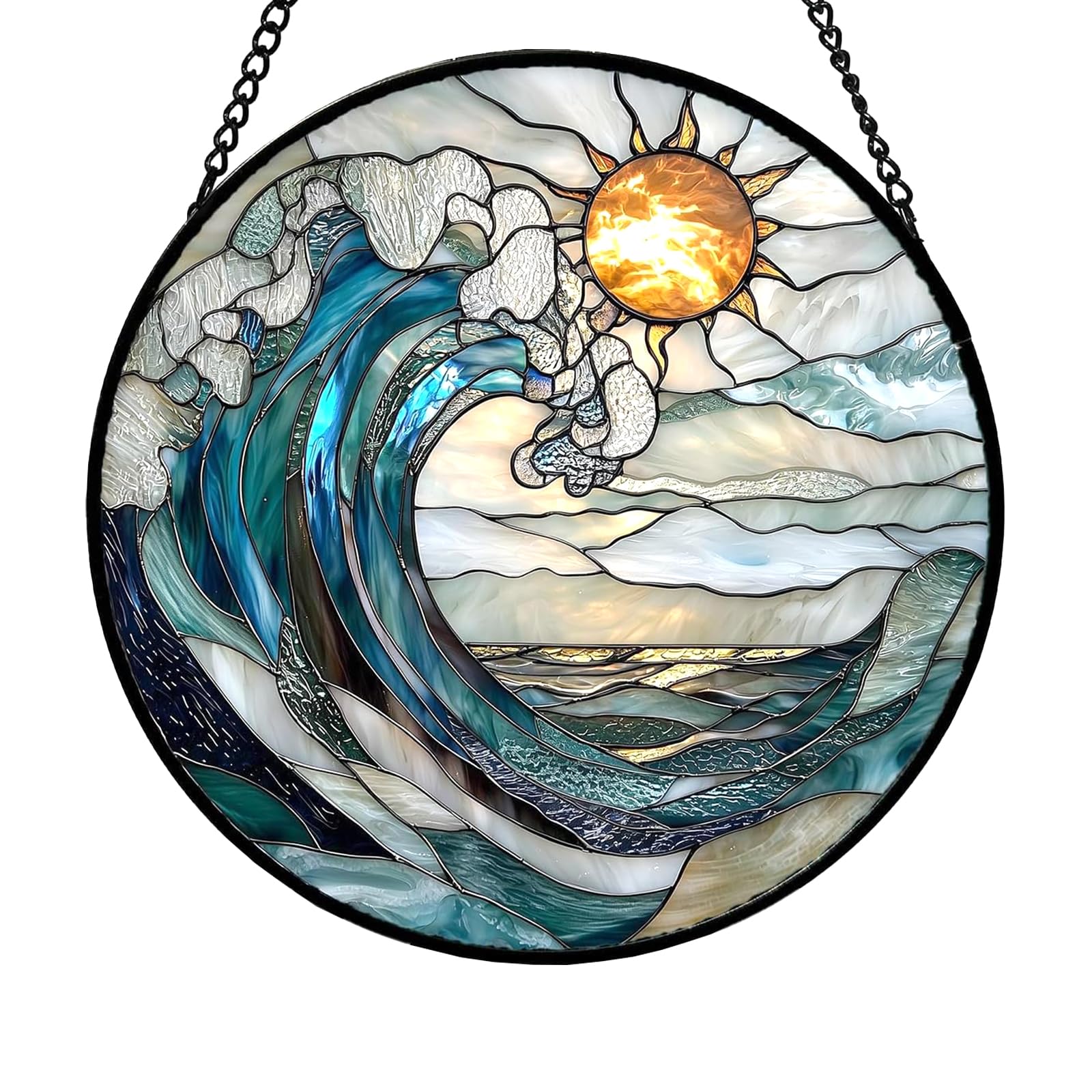 Blue Wave Stained Glass Window Hanging, Acrylic Garden Wall Art Outdoor, Colorful Window Wall Hanging Ornament, Suncatcher Glasses Panels for Christmas Thanksgiving Housewarming Gift