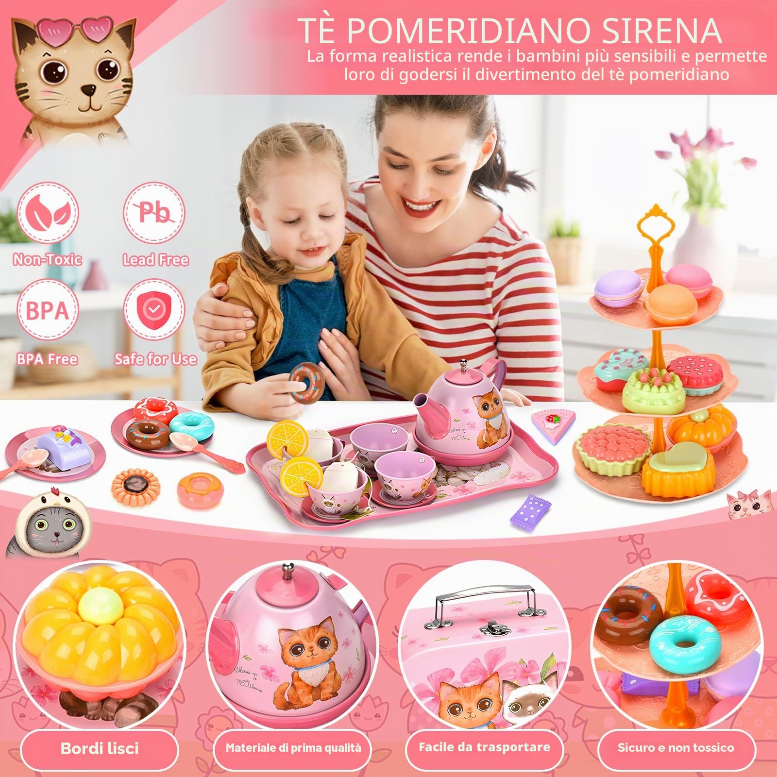 ZLPBAO Servizio da tè per bambini, 50 pezzi, set da tè per bambini, con valigetta per gattini, gioco di ruolo, giocattolo per piccoli servizi da tè con dessert, giochi di ruolo, regalo per ragazze 3