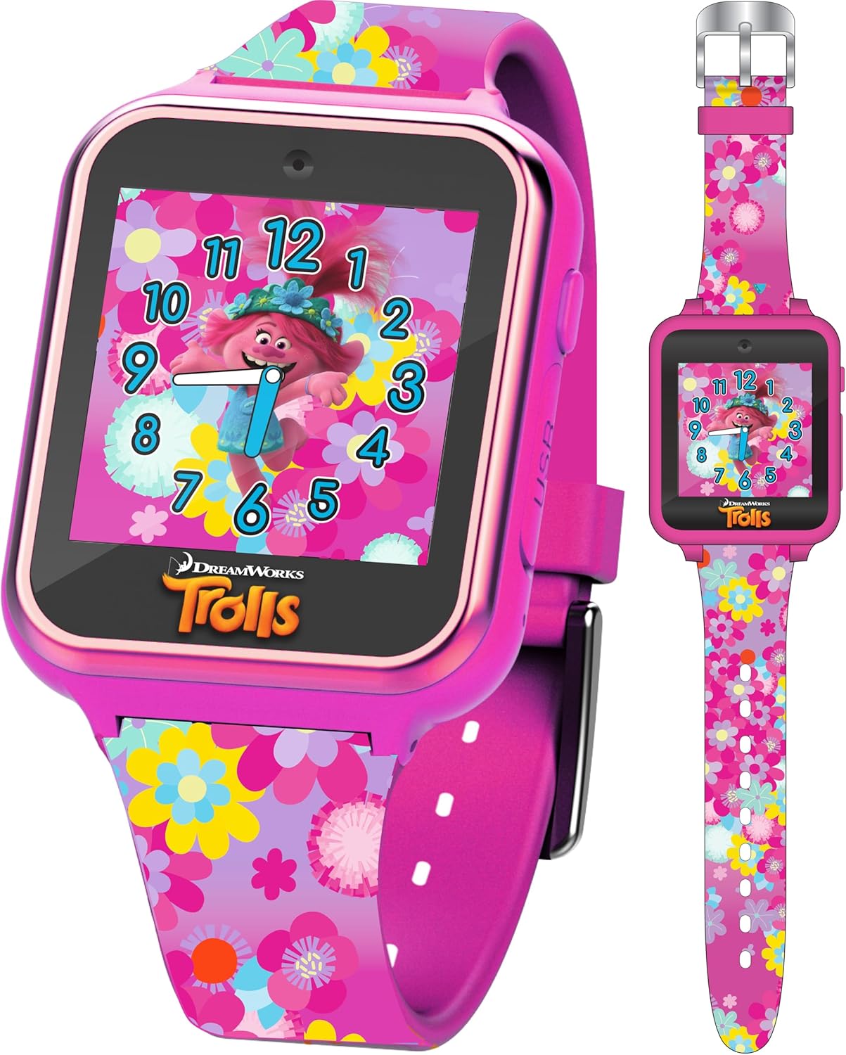 DreamWorks Trolls World Tour Kids Smartwatch with Selfie Video Camera Alarm Stopwatch Games Voice Recorder Calculator Step Calorie Counter Pink Silicone Strap Fits 5.5"-8" Wrists