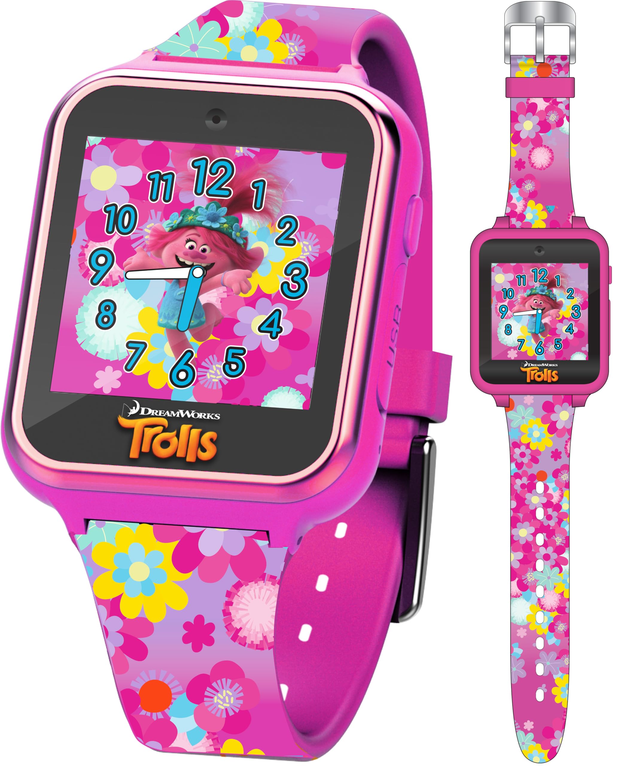 DreamWorks Trolls World Tour Kids Smartwatch with Selfie Video Camera Alarm Stopwatch Games Voice Recorder Calculator Step Calorie Counter Pink Silicone Strap Fits 5.5"-8" Wrists