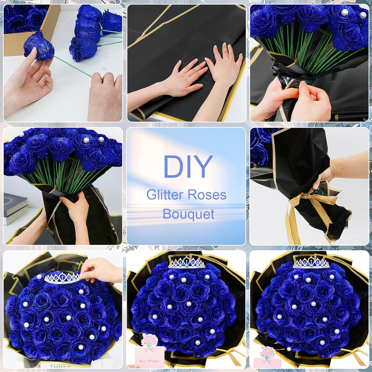 DIY Glitter Roses Bouquet Artificial Flowers - 36 Pack Glitter Eternal Bouquet Kit Fake Shiny Floral Bouquet for Birthday Gifts Wedding Engagement Anniversary Valentine's Day Blue - Image 4