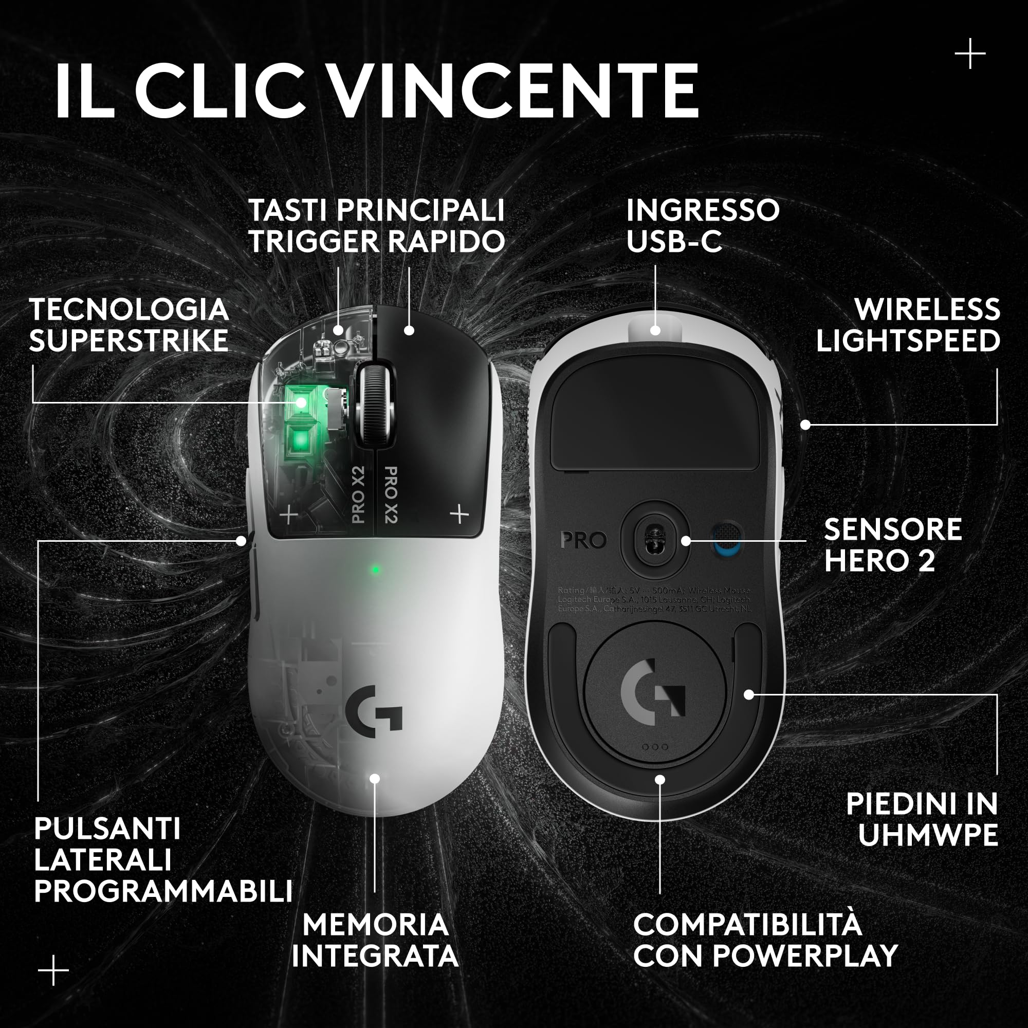 Logitech G PRO X2 SUPERSTRIKE LIGHTSPEED,mouse gaming wireless LIGHTSPEED, prestazioni veloci,leggero(61 g),feedback tattile del clic personalizzabile, ricarica USB-C,PC/Mac, German packaging - Bianco