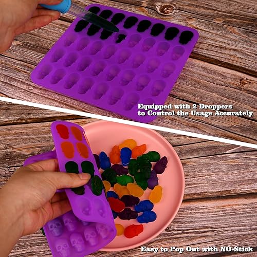 Miniatura 4 de Sakolla Paquete de 2 Moldes de Silicona para Dulces de Calavera Gomosos, 40 Cavidades, Moldes de Calavera de Silicona con 2 Goteros para Halloween