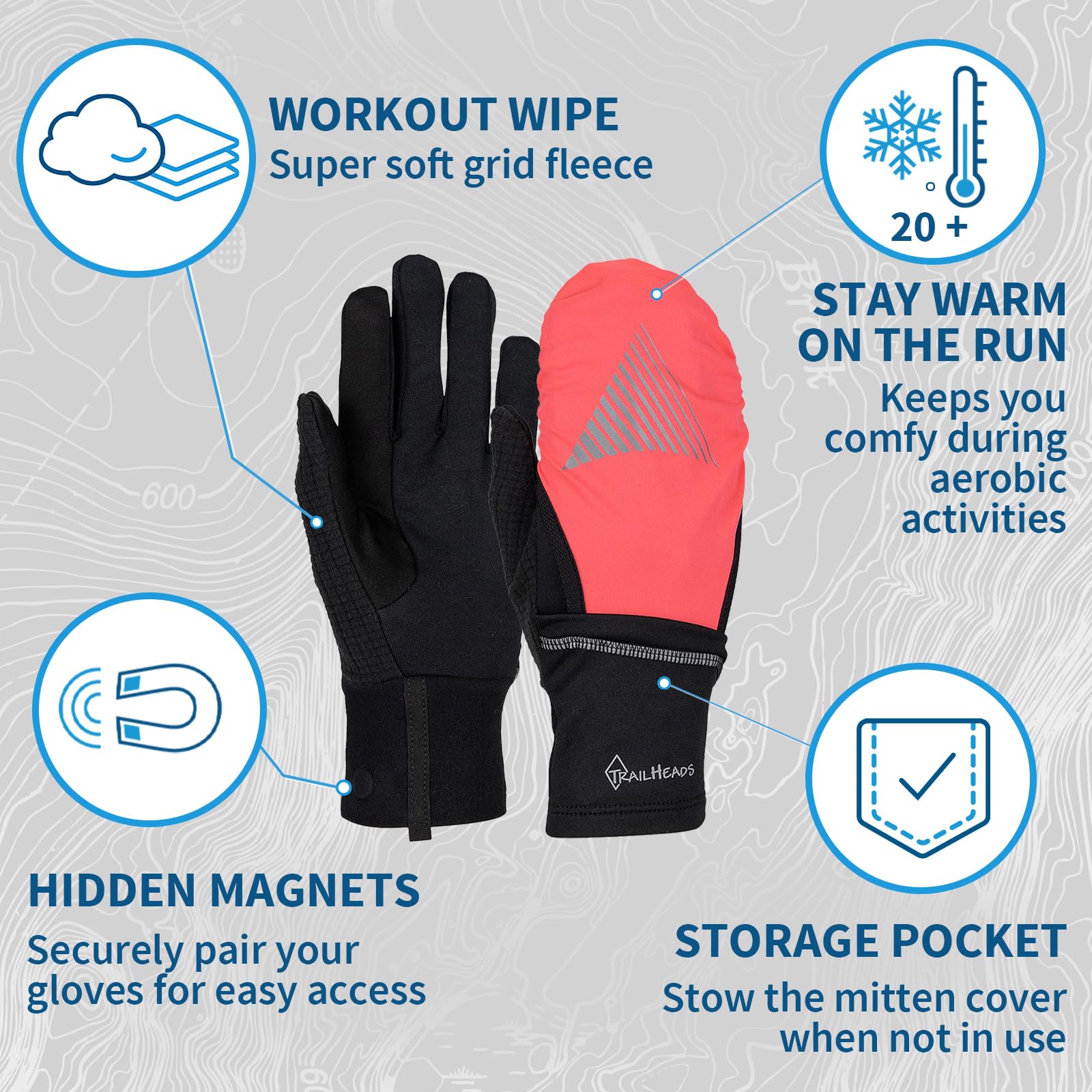 TrailHeads Gants de course pour femme avec doigts tactiles et coque imperméable convertible – pour l'hiver, réfléchissant, chaud