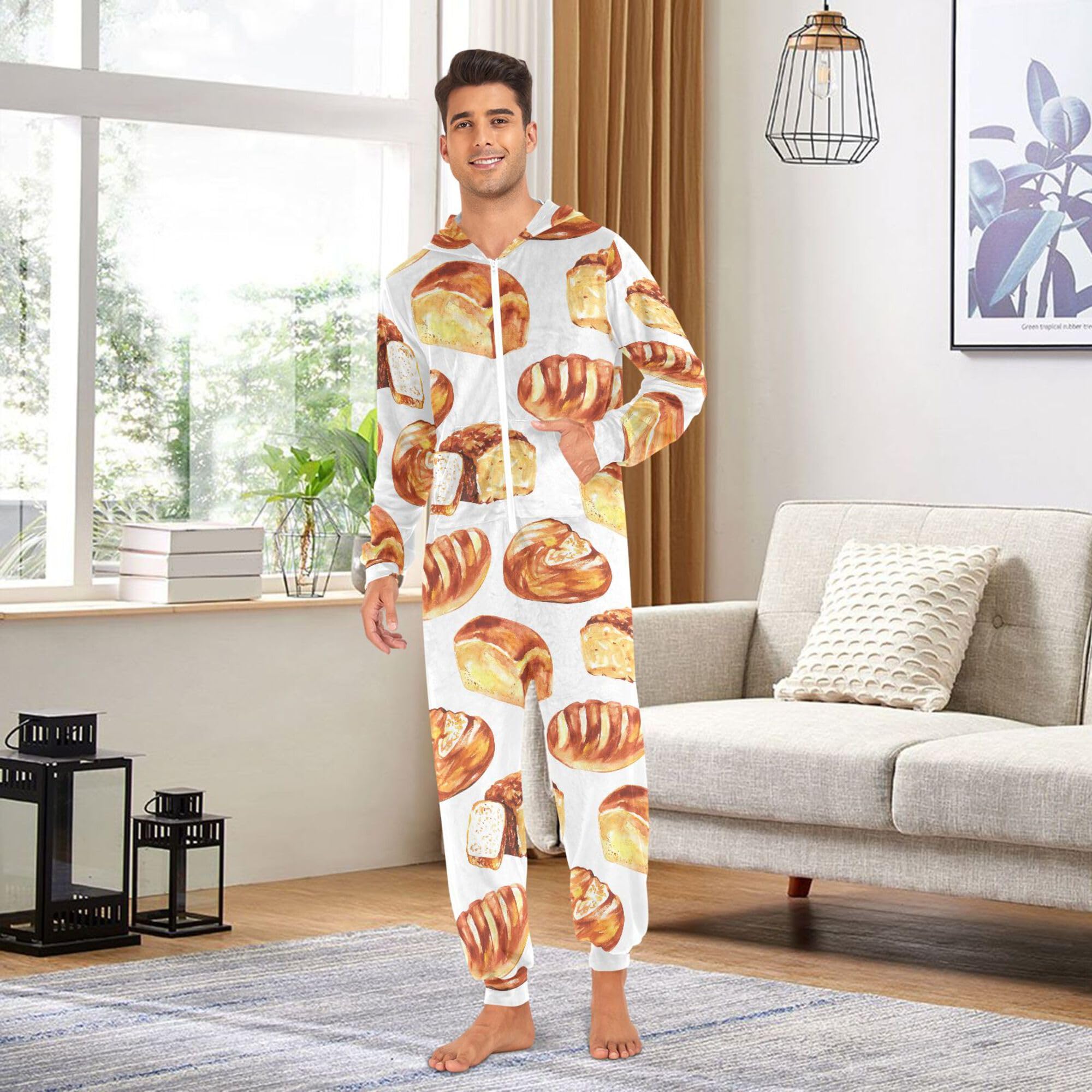 Pijama enterizo con capucha para adultos, con estampado de pan, cómodo pijama de una pieza para mujeres y hombres