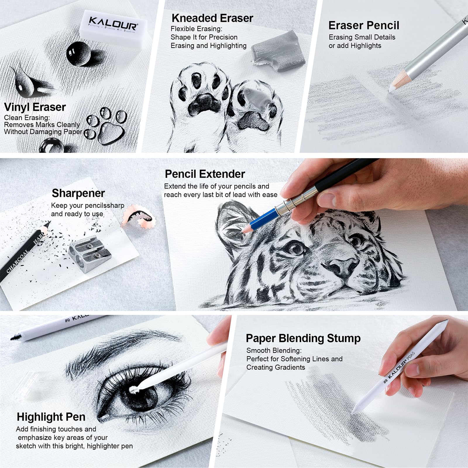KALOUR PDAS 112 Set da disegno con quaderno da disegno a 3 colori, matite in grafite e carboncino, kit artistico per artisti, adulti, adolescenti e principianti, ideale per ombreggiare e sfumare