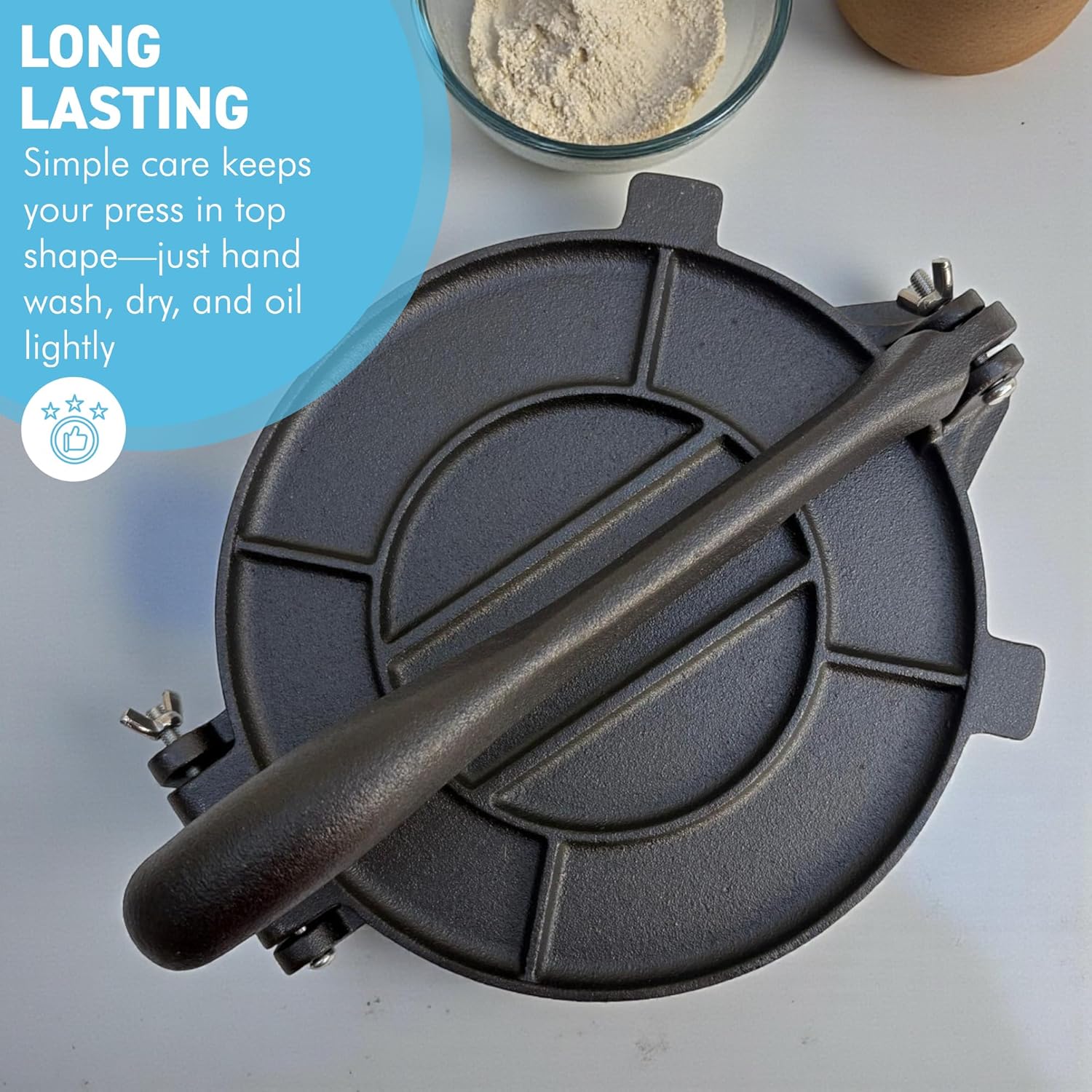 Premium 8" 𝗖𝗔𝗦𝗧 𝗜𝗥𝗢𝗡 𝗧𝗢𝗥𝗧𝗜𝗟𝗟𝗔 𝗣𝗥𝗘𝗦𝗦 – Heavy Duty Roti Maker, Taco & Quesadilla Press, Manual Dough Press, Non-Stick, Durable Kitchen Tool