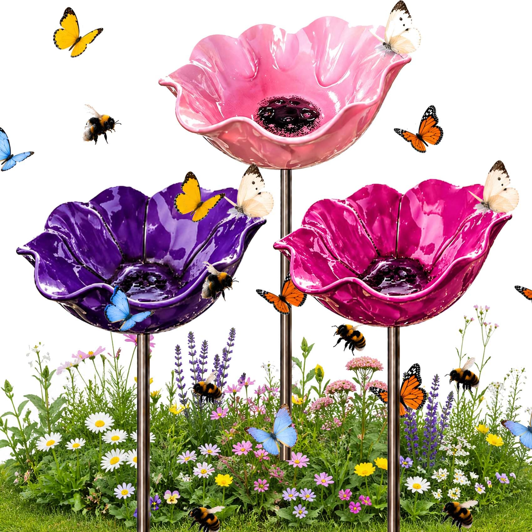 Blumen Gartenstecker VogelträNke, 2026 Neu Metall Blumen Gartenstecker, BienenträNke, Schmetterlinge Insekten Tränke für Den Garten, VogelträNke Futterschale Rasen & Balkon (3pcs *C)