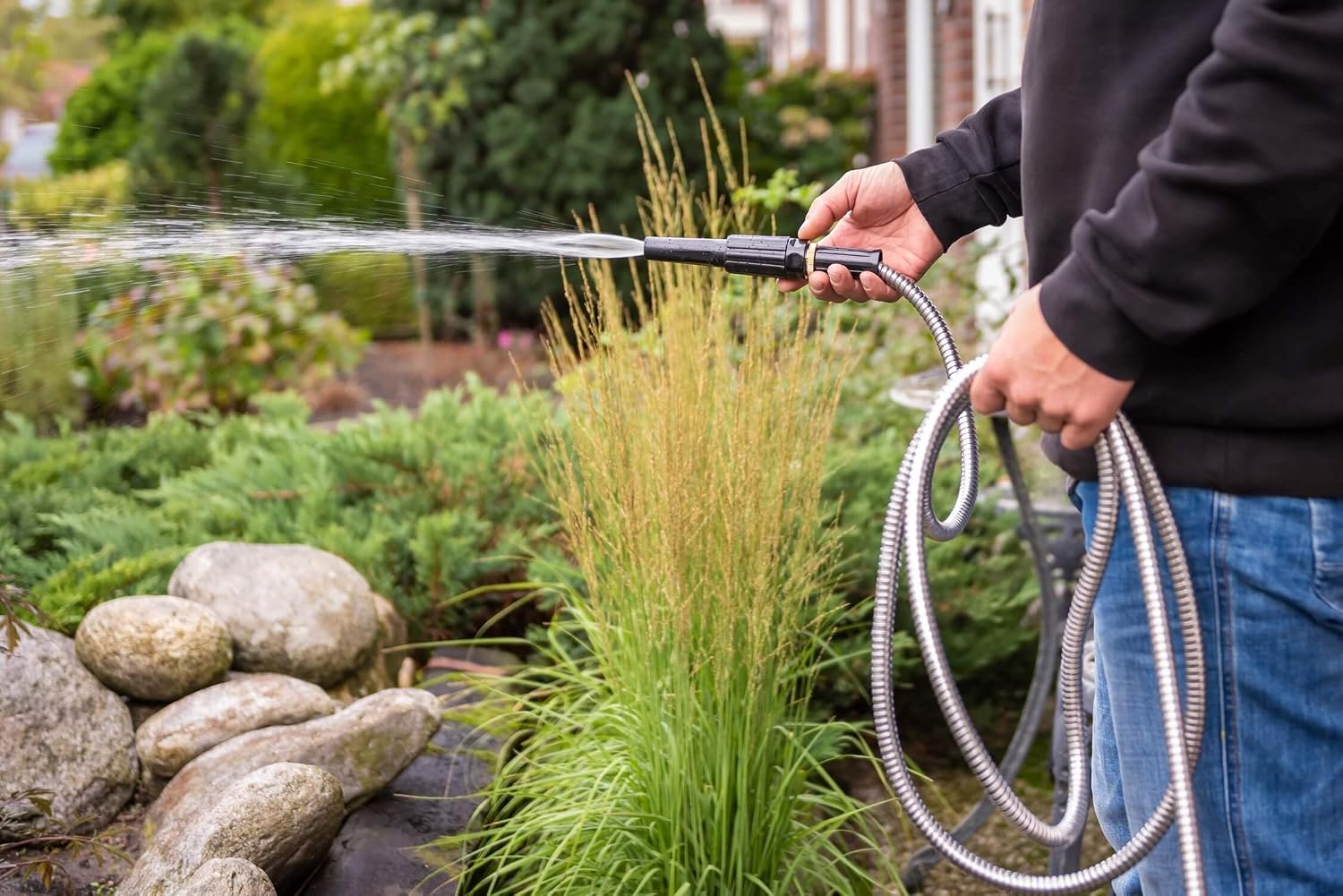 Esschert Design 10 m Garden Irrigation Hose Stainless Steel Metal Kink-Free Rustproof Flexible