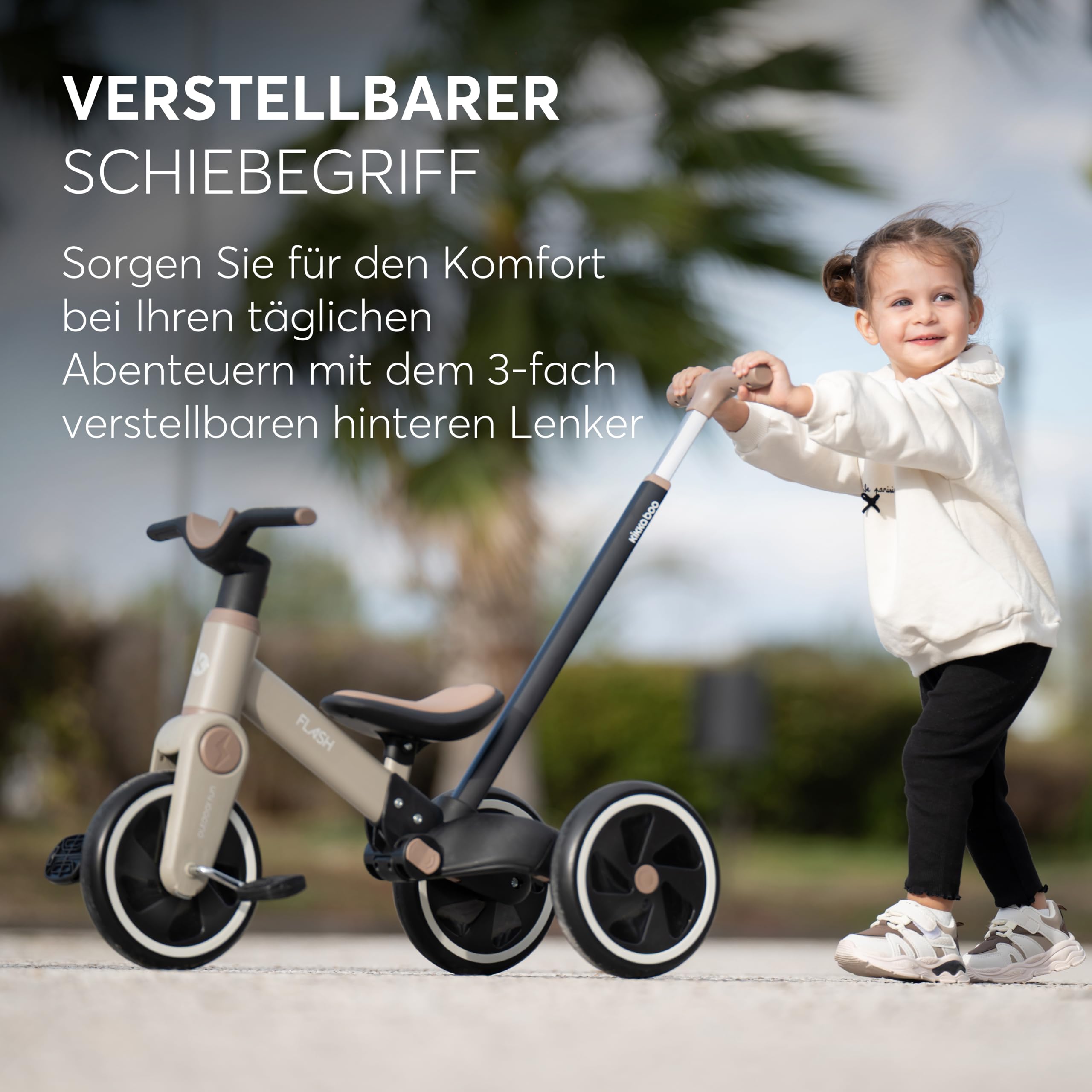 KikkaBoo Flash Dreirad Ab 18 Monaten, 5-in-1 Laufrad Und Dreirad, Umwandelbar Zum Laufrad Oder Fahrrad Ohne Pedale, Mit Verstellbarer Schiebestange, Eva-Räder, Stabiler Stahlrahmen, Beige