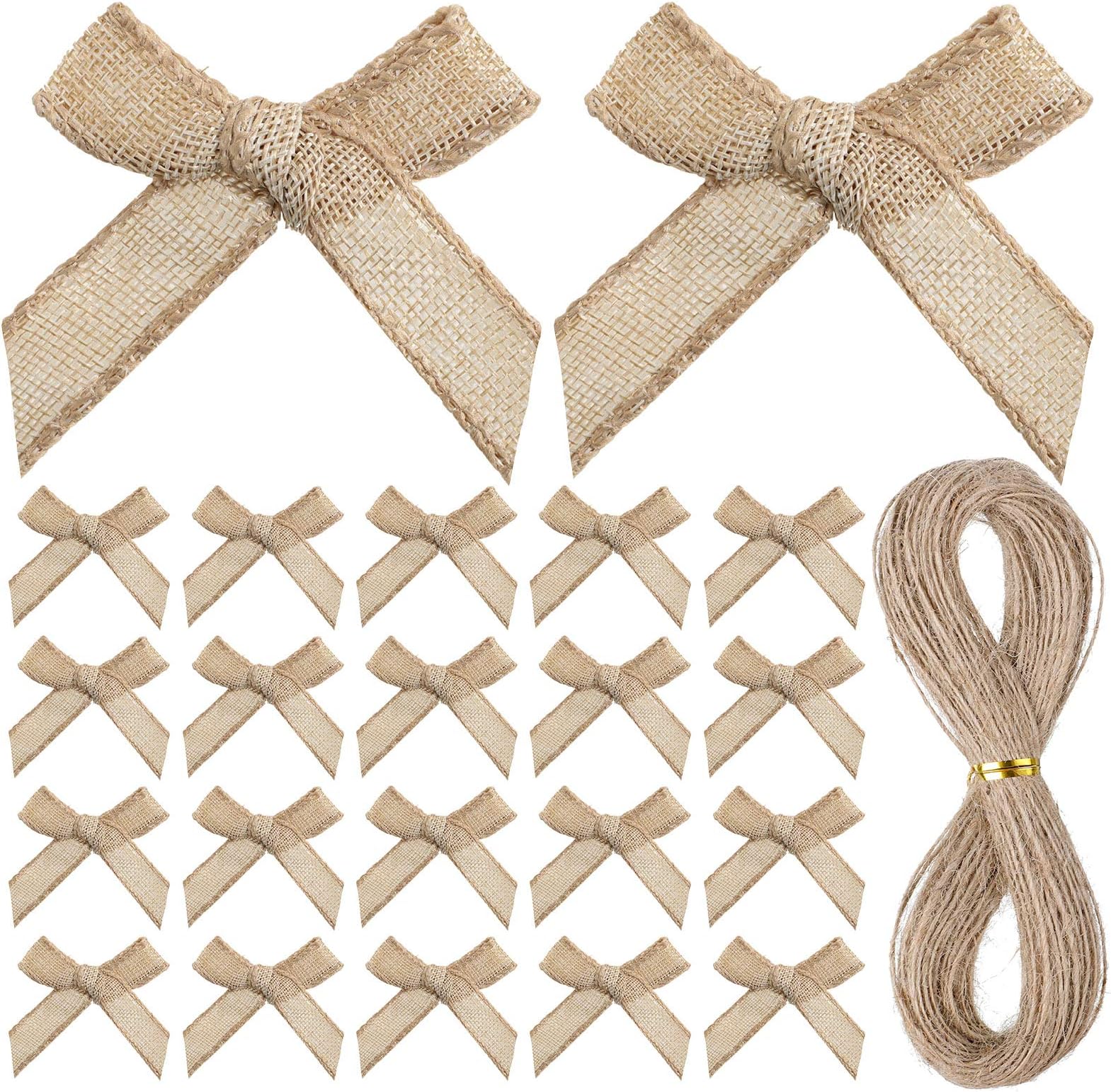40 Pieces Handmade Burlap Bows DIY Burlap Craft Bows Mini Burlap Ornament Bow Christmas Tree Decoration Bows with 66 Feet Rope for Hair Accessories Craft Wrapping Decoration