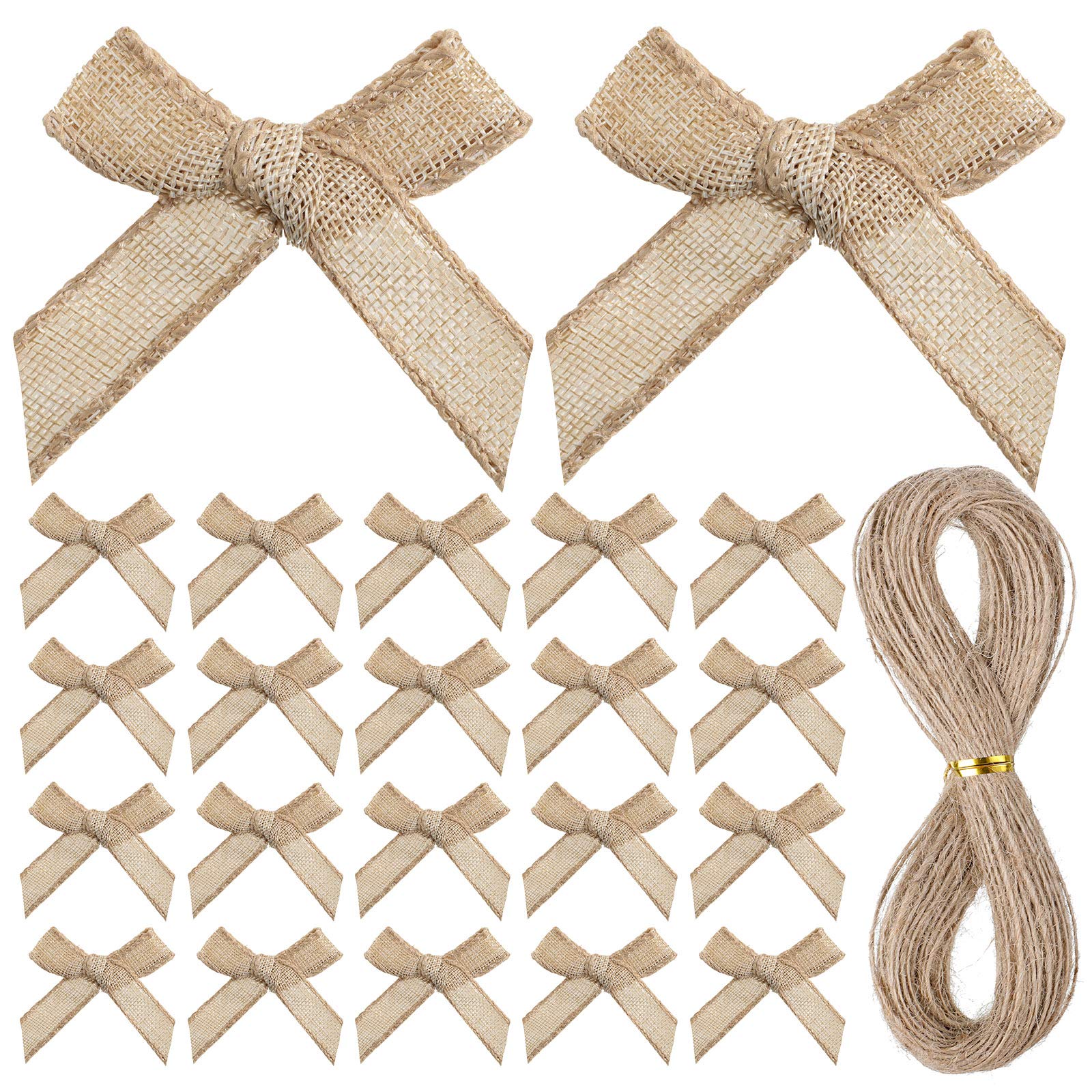 40 Pieces Handmade Burlap Bows DIY Burlap Craft Bows Mini Burlap Ornament Bow Christmas Tree Decoration Bows with 66 Feet Rope for Hair Accessories Craft Wrapping Decoration