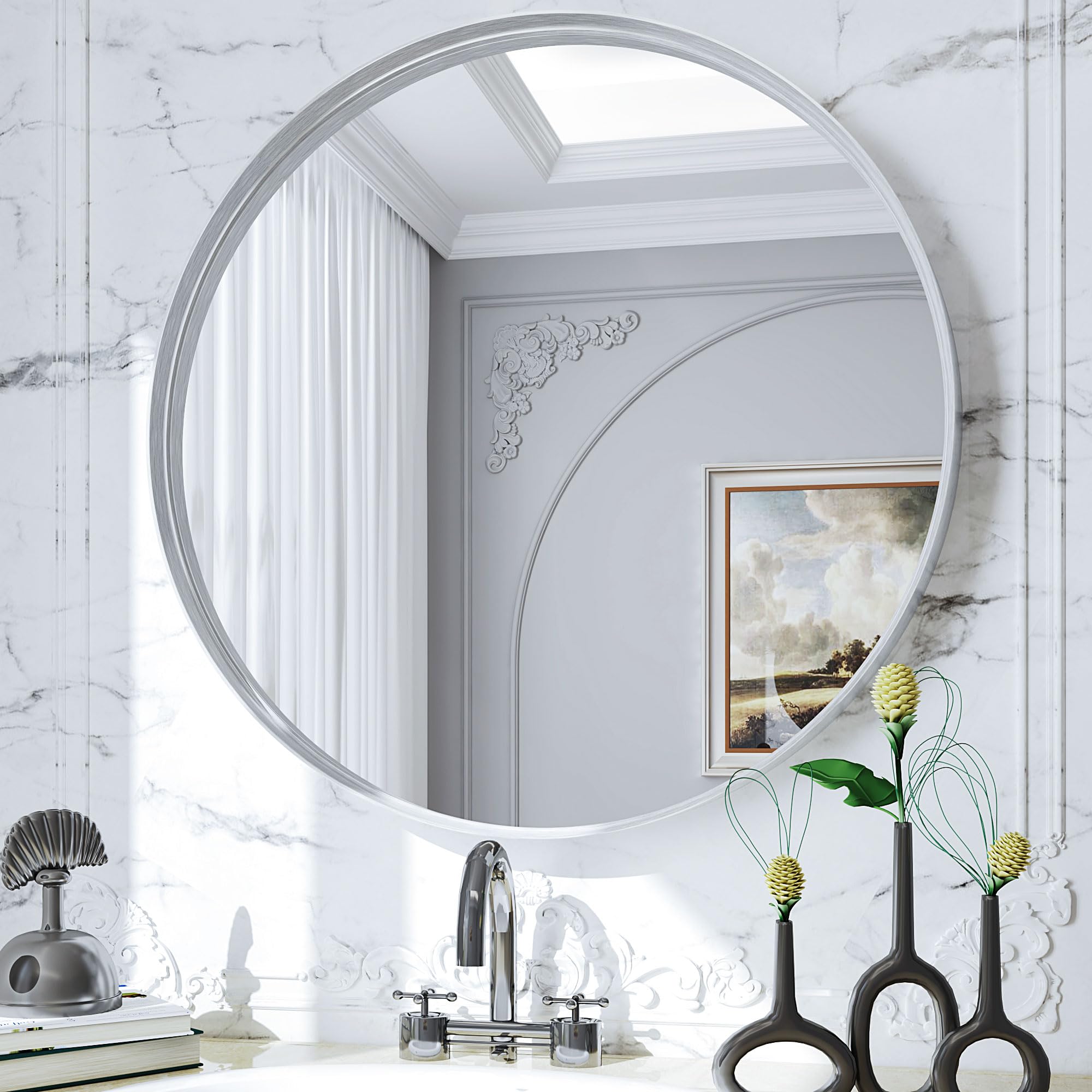 Suidia Bathroom Mirror, Silver Wall Mirror 24 inch, Round Wall Mirror for Bathroom, Vanity, Living Room, Entryway, Circle Bathroom Vanity Mirror