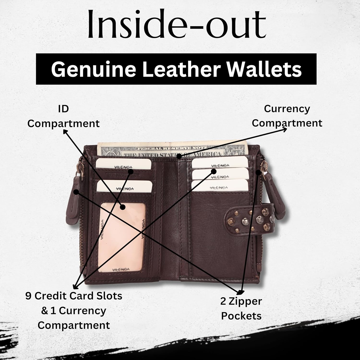 4.75 Inch Genuine Italian Leather Boho Studded Bifold Wallet – Zipper Coin Purse & Credit Card Holder for Women (Brown) - Image 4