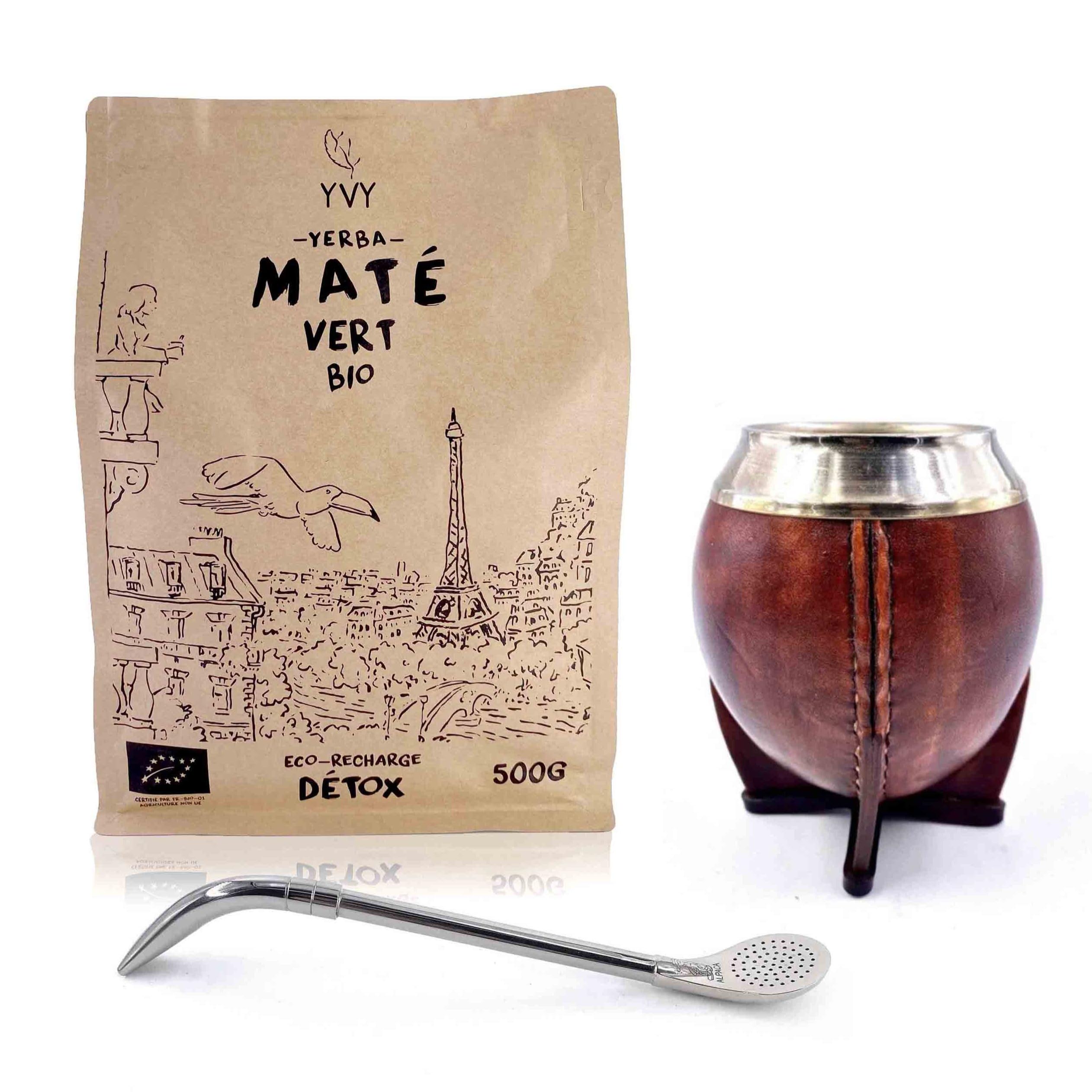 YVY Mate Set Mate Torpedo Alpaca | Pack Calebasse Torpedo Alpaca, Bombilla Alpaca und 1 Beutel Yerba Mate Bio Grün 500 g | außergewöhnliche Matébox | handgefertigt in Uruguay