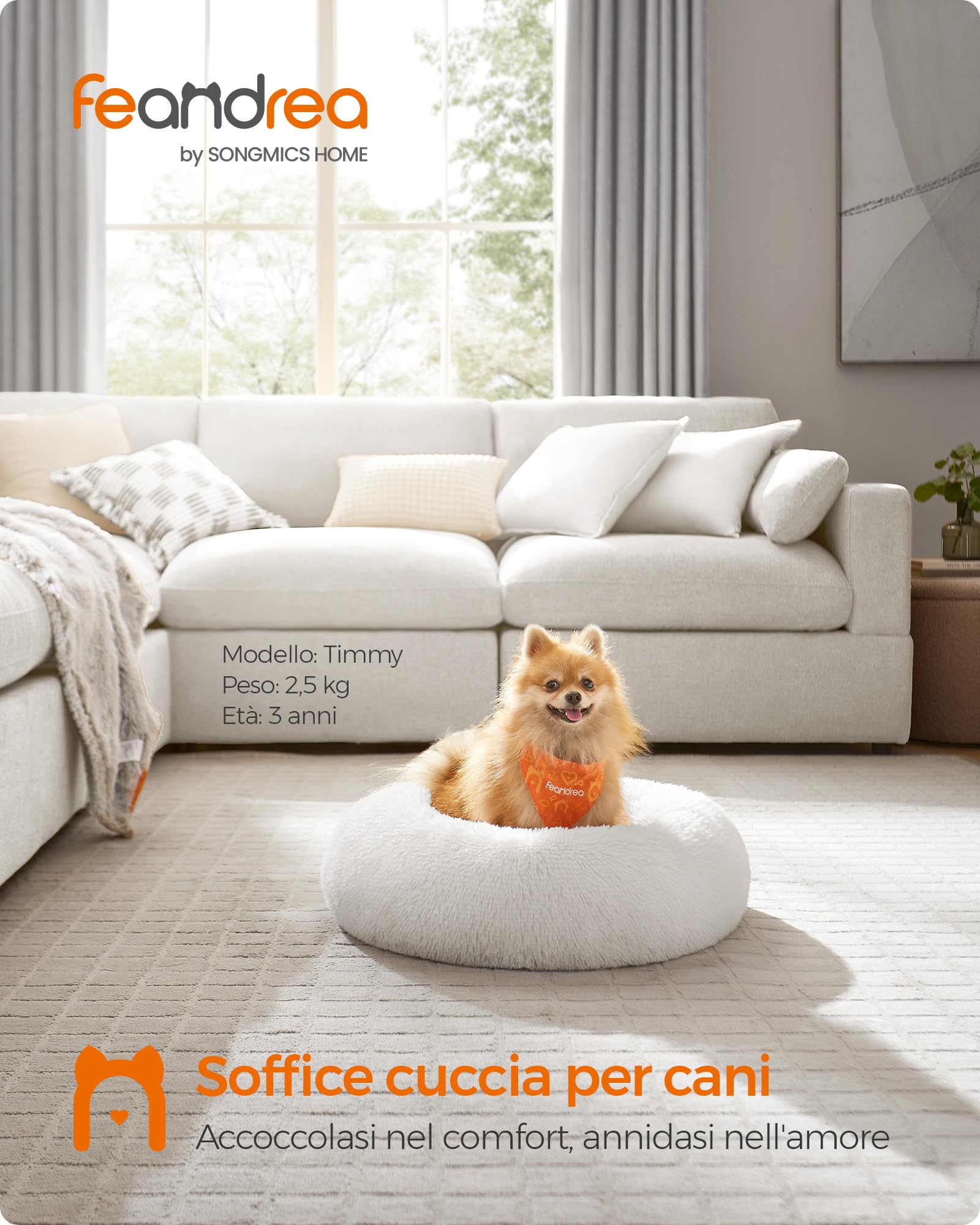 Feandrea Cuccia Cane Interno, Cuccia per Cani, Lettino per Animali Domestici a Ciambella, Cuscino Sfoderabile e Lavabile, Tappeto di Peluche, Diametro 60 cm, Bianco Nuvola PGW038W01