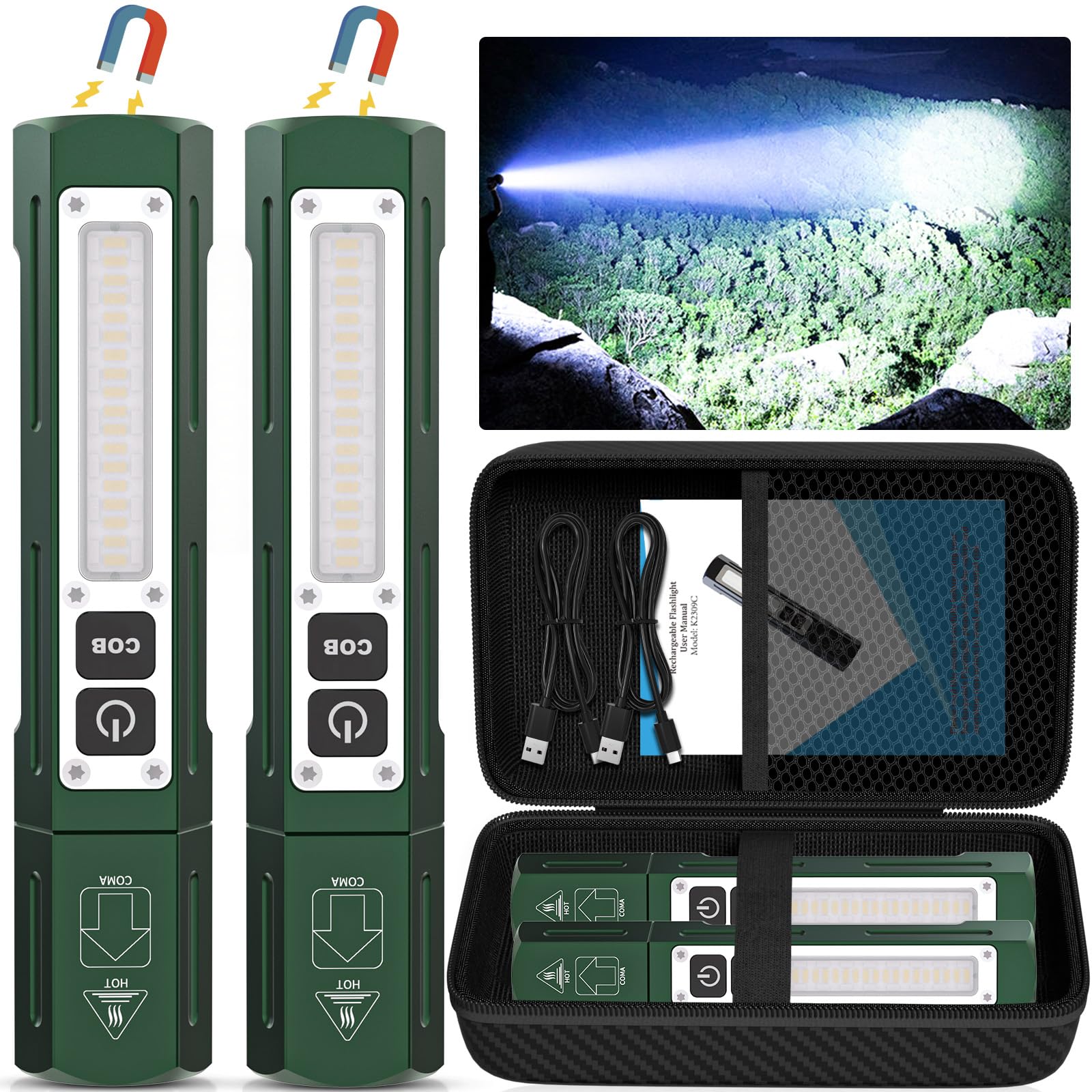 Banral Rechargeable Flashlights High Lumens - 20,000LM Super Bright Small Pocket Magnetic Flashlight, 8 Modes LED Tactical Flash Light, Dual Button Powerful Flashlight for Camping (2, Hunter Green)