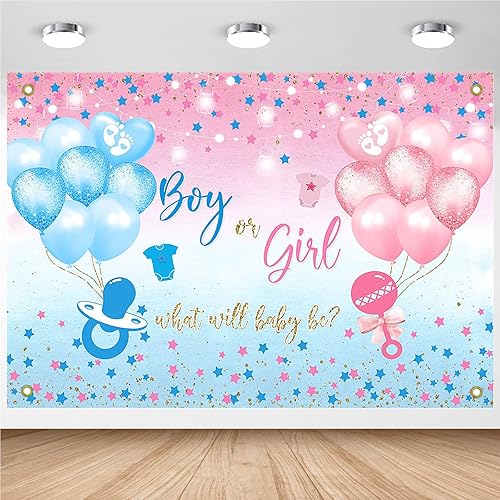 Miniatura 6 de Avezano Telón de fondo de revelación de género para niño o niña, pancarta con estrellas azules y rosas y puntos, tema de globo, decoración de fiesta