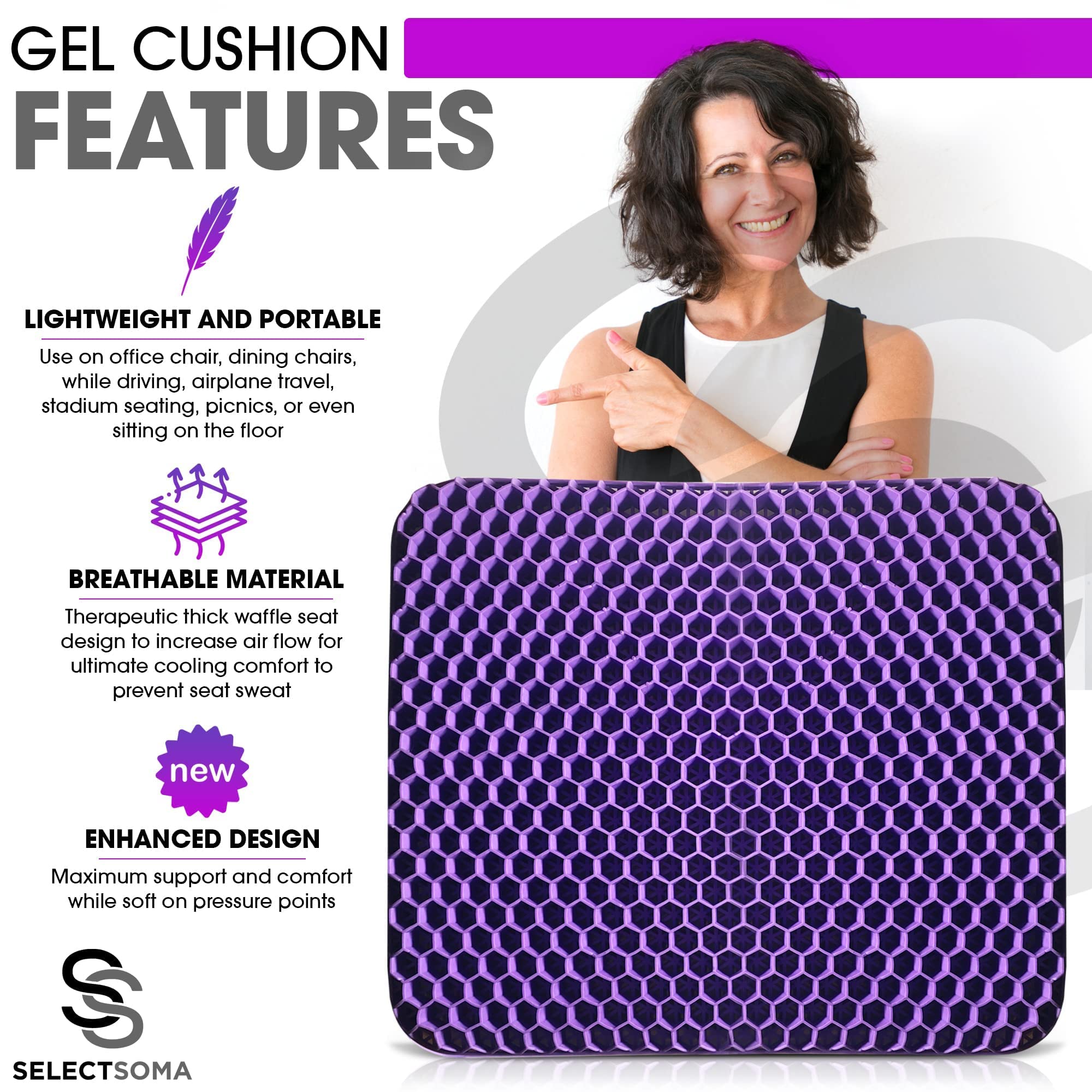 Purple Gel Seat Cushion for Long Sitting Back, Sciatica, Hip