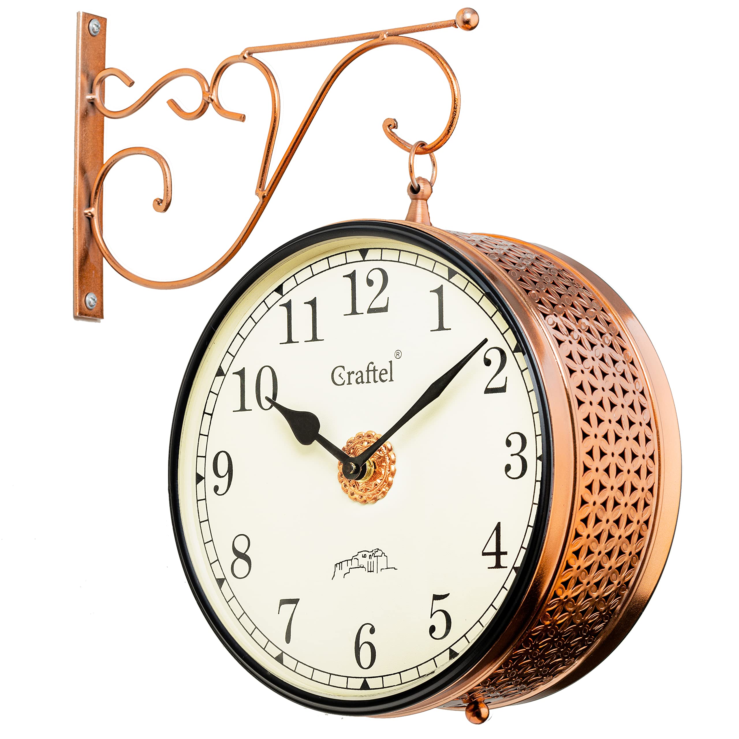 CRAFTEL Metal Analog Railway Station Wall Clock Double Sided Vintage Clock for Living Room Home and Office (Dial - 10 Inches, Rose Gold)
