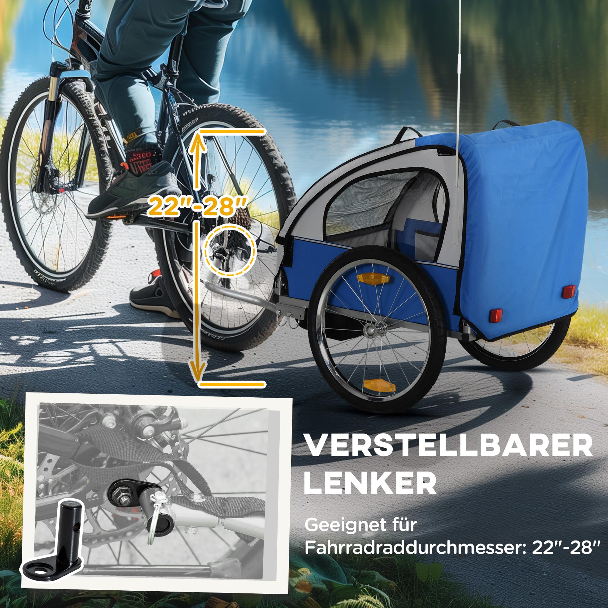 HOMCOM Kinderanhänger Kinderfahrrad geeignet für 2 Kinder, Stahlrahmen, Sitzträger mit Sicherheitsgurt, für Kinder ab 18 Monaten, Oxford-Gewebe, Stahl, 126x78x79 cm, Orange+Blau