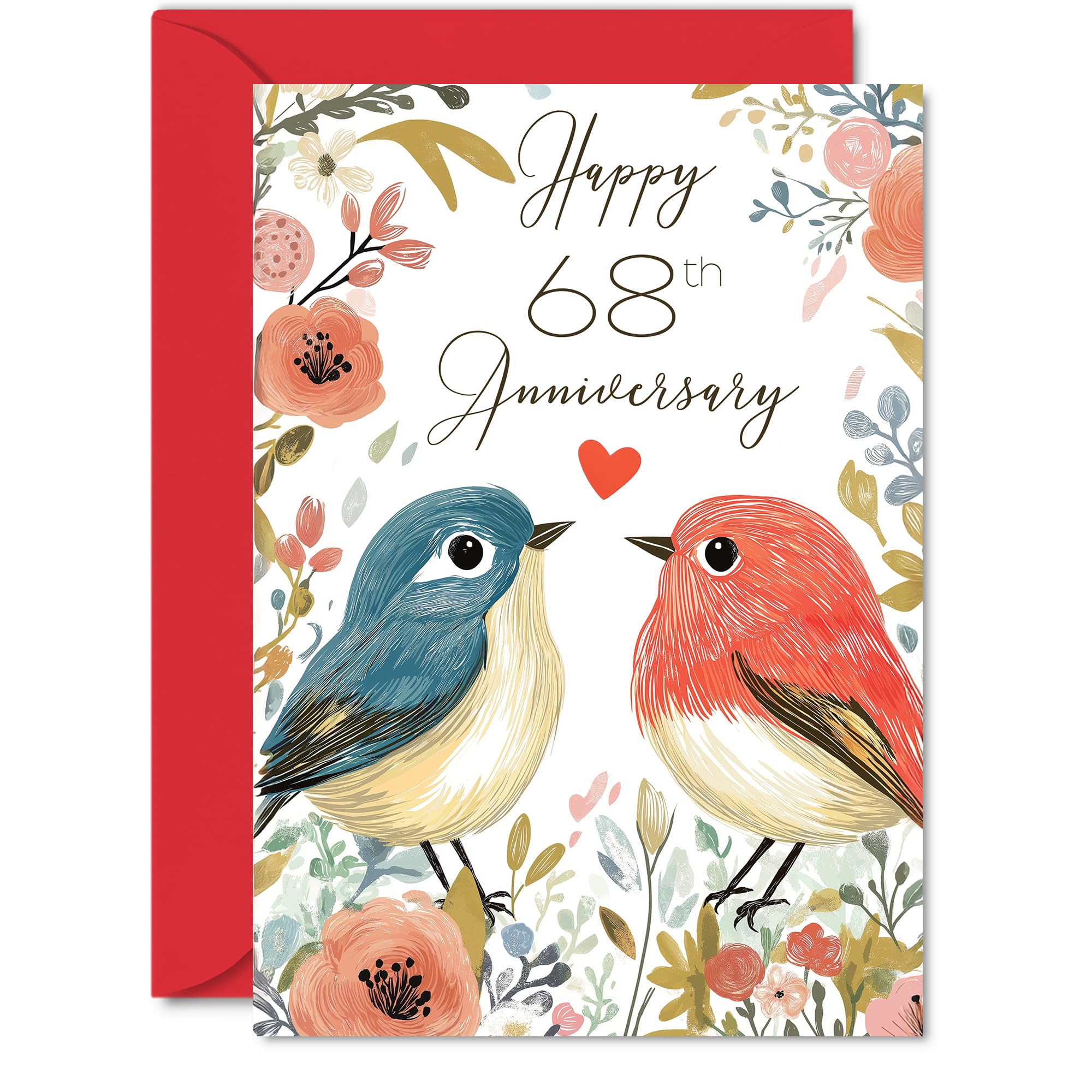 68th Anniversary Card for Women Men - Love Birds - Happy Wedding Anniversary Cards for Wife Husband Girlfriend Boyfriend, A5 Floral Bird Greeting Cards